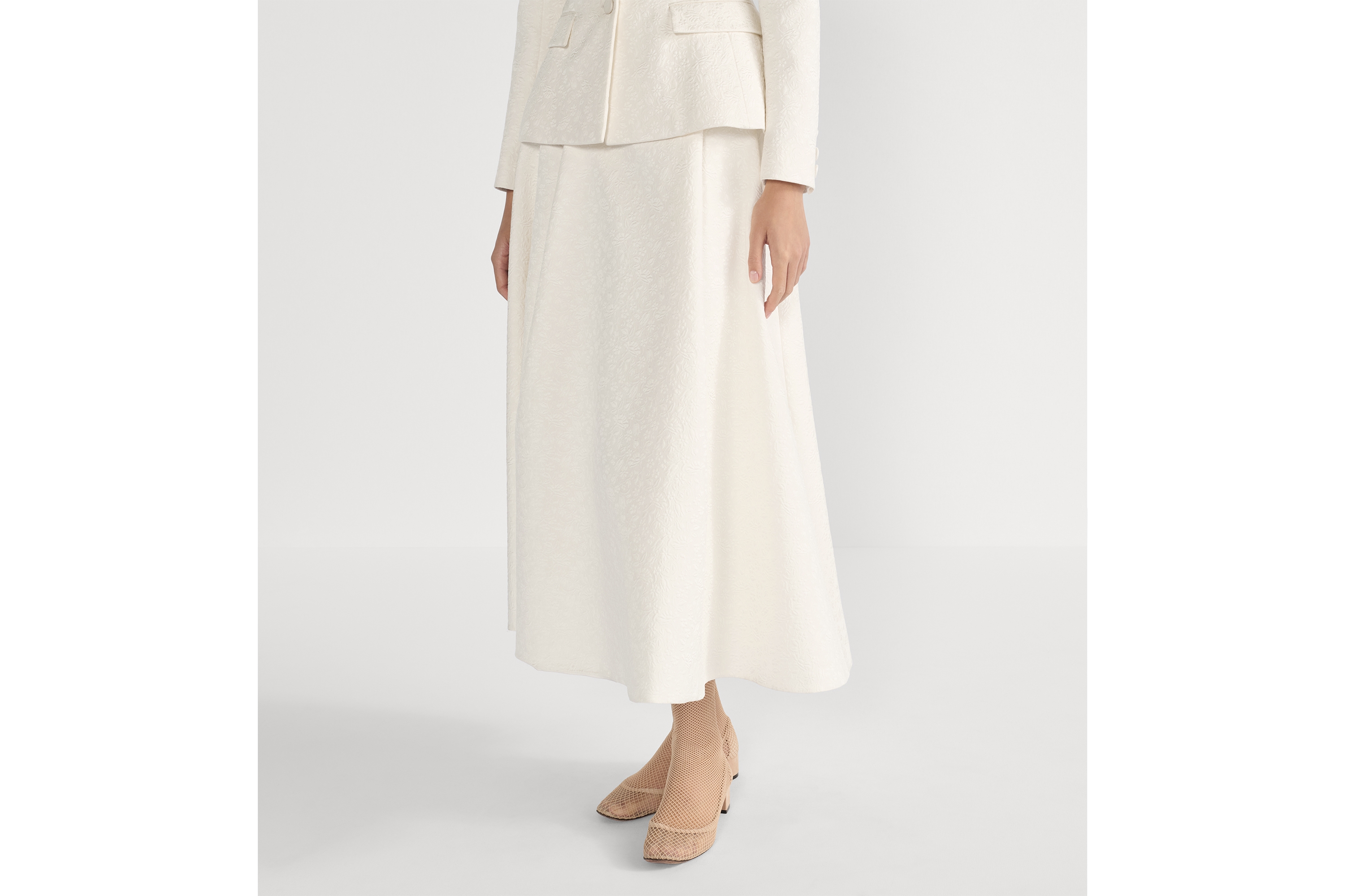 中长款喇叭形半身裙 米白色棉质和桑蚕丝混纺面料普罗旺斯风格绗缝 Millefiori 图案 E15