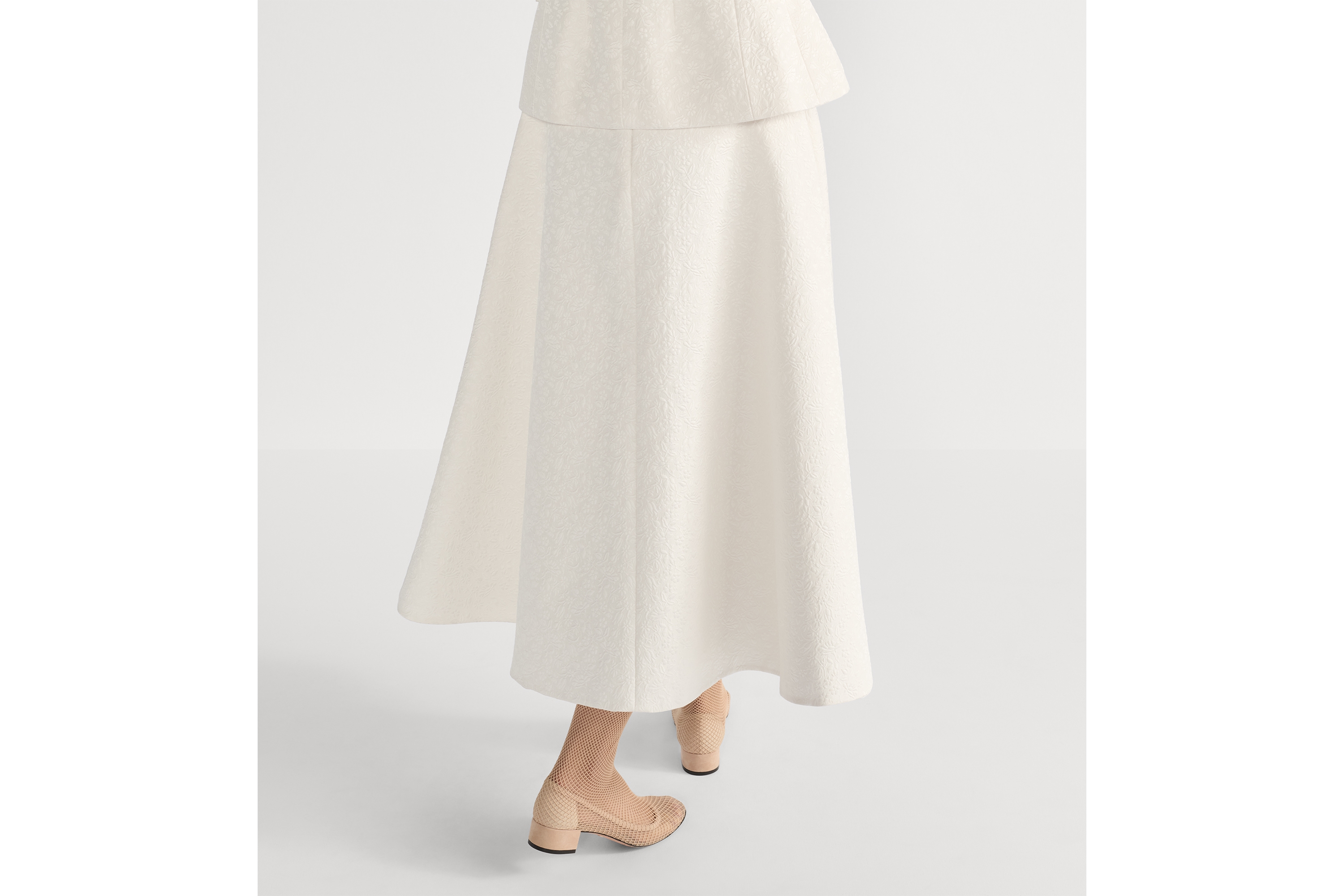 中长款喇叭形半身裙 米白色棉质和桑蚕丝混纺面料普罗旺斯风格绗缝 Millefiori 图案 E16