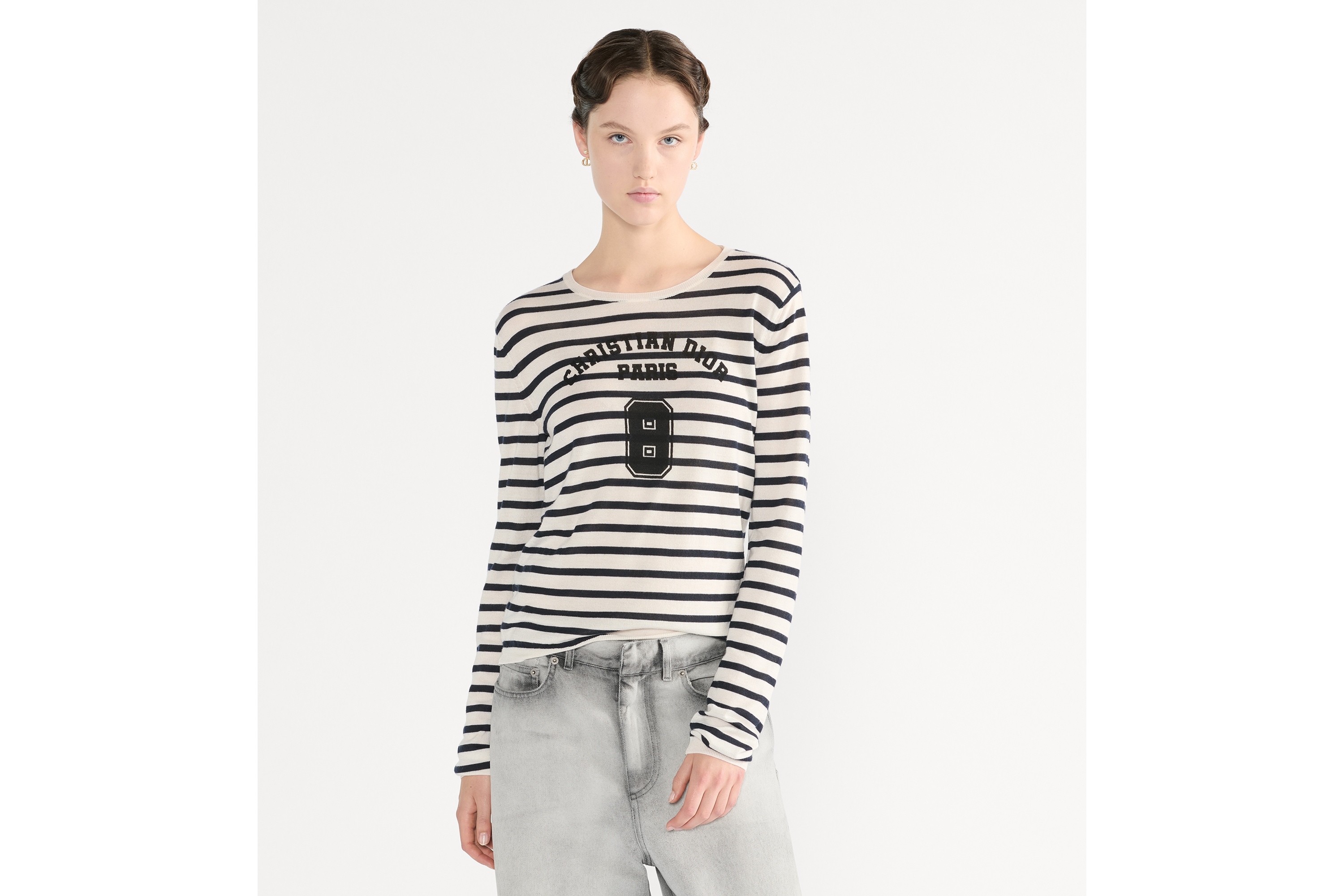 Dior Marinière 针织衫 海军蓝色和白色山羊绒和桑蚕丝混纺针织面料 E04