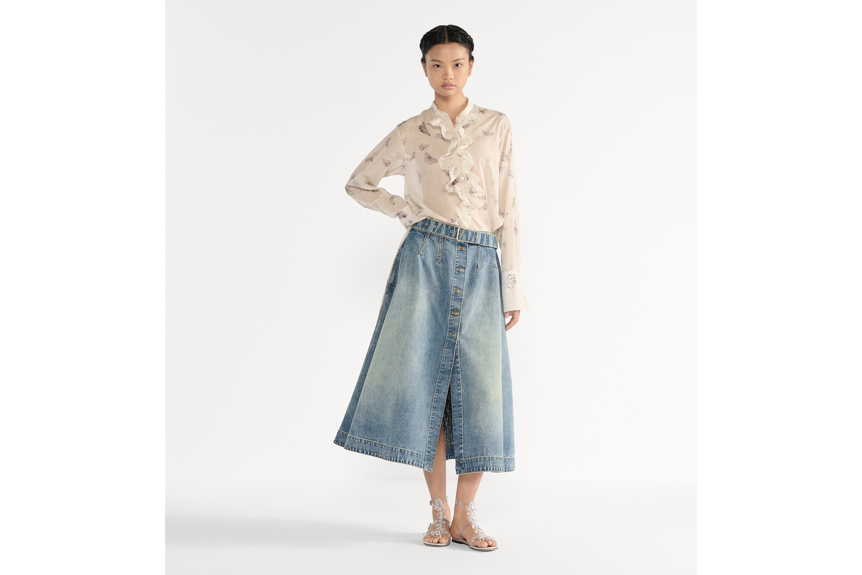 衬衫 米色棉质面料多色蝴蝶图案荷叶边衣领 E01