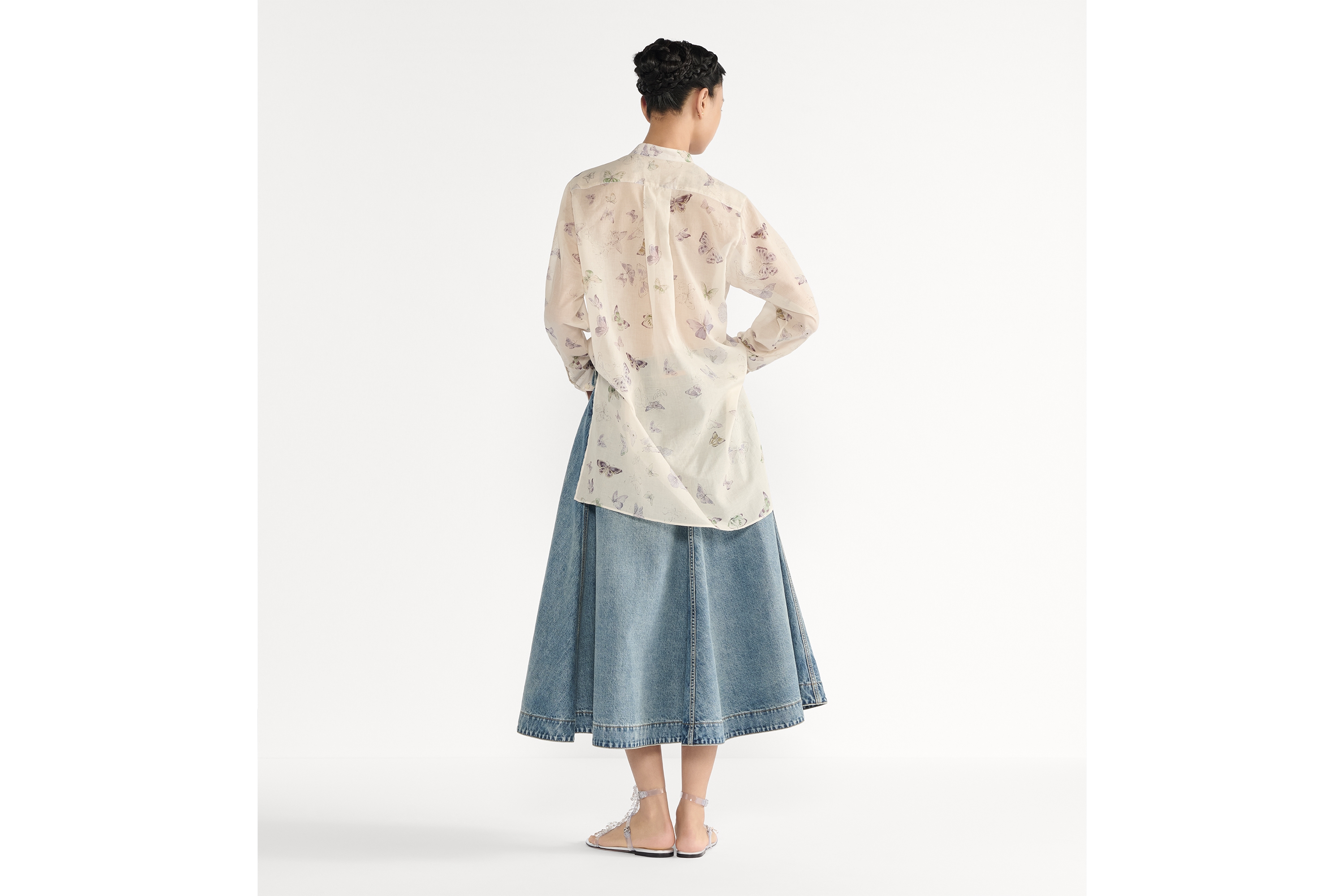 衬衫 米色棉质面料多色蝴蝶图案荷叶边衣领 E03