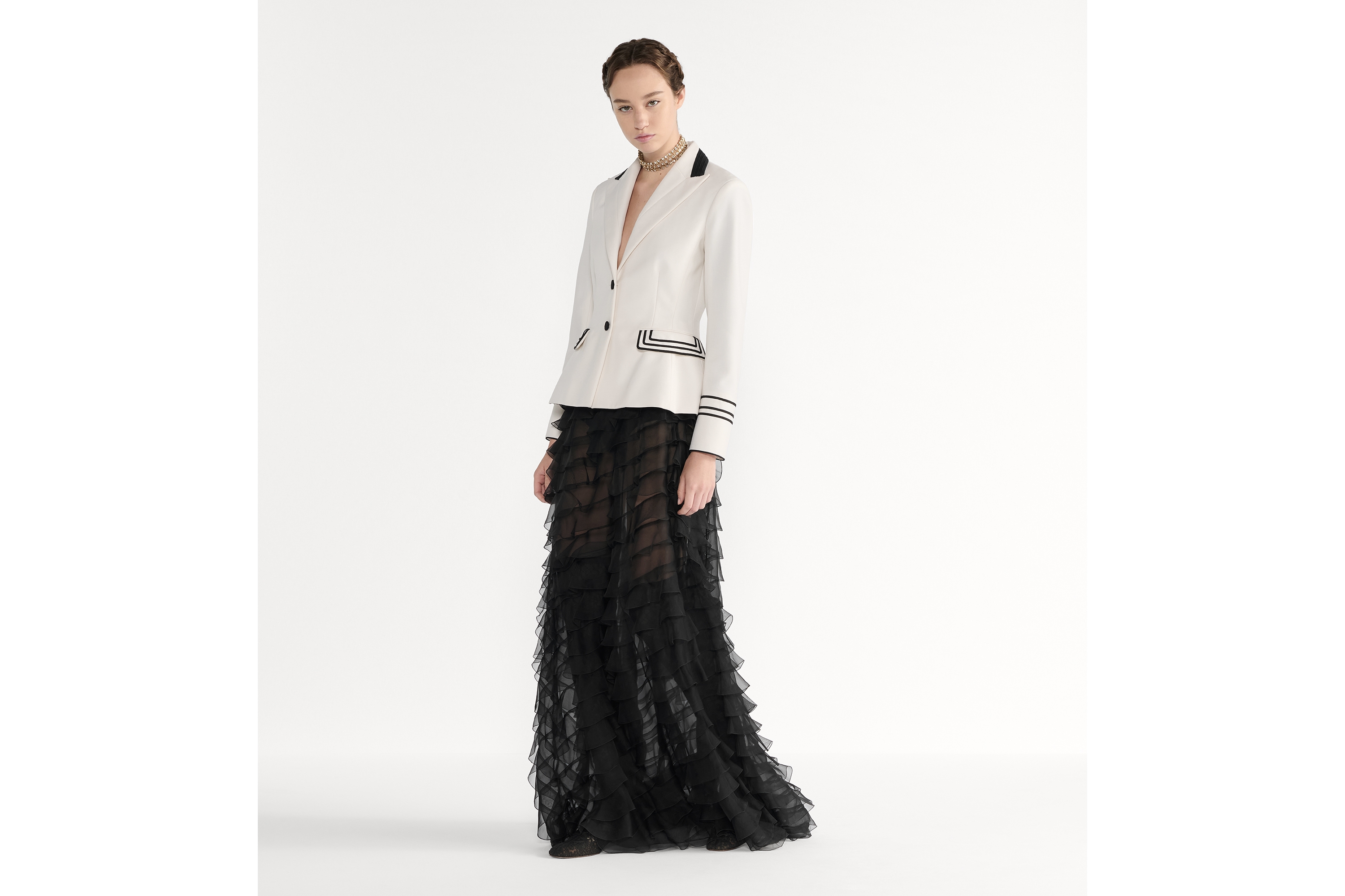 修身西装外套 米白色绵羊毛和马海毛混纺面料 E01