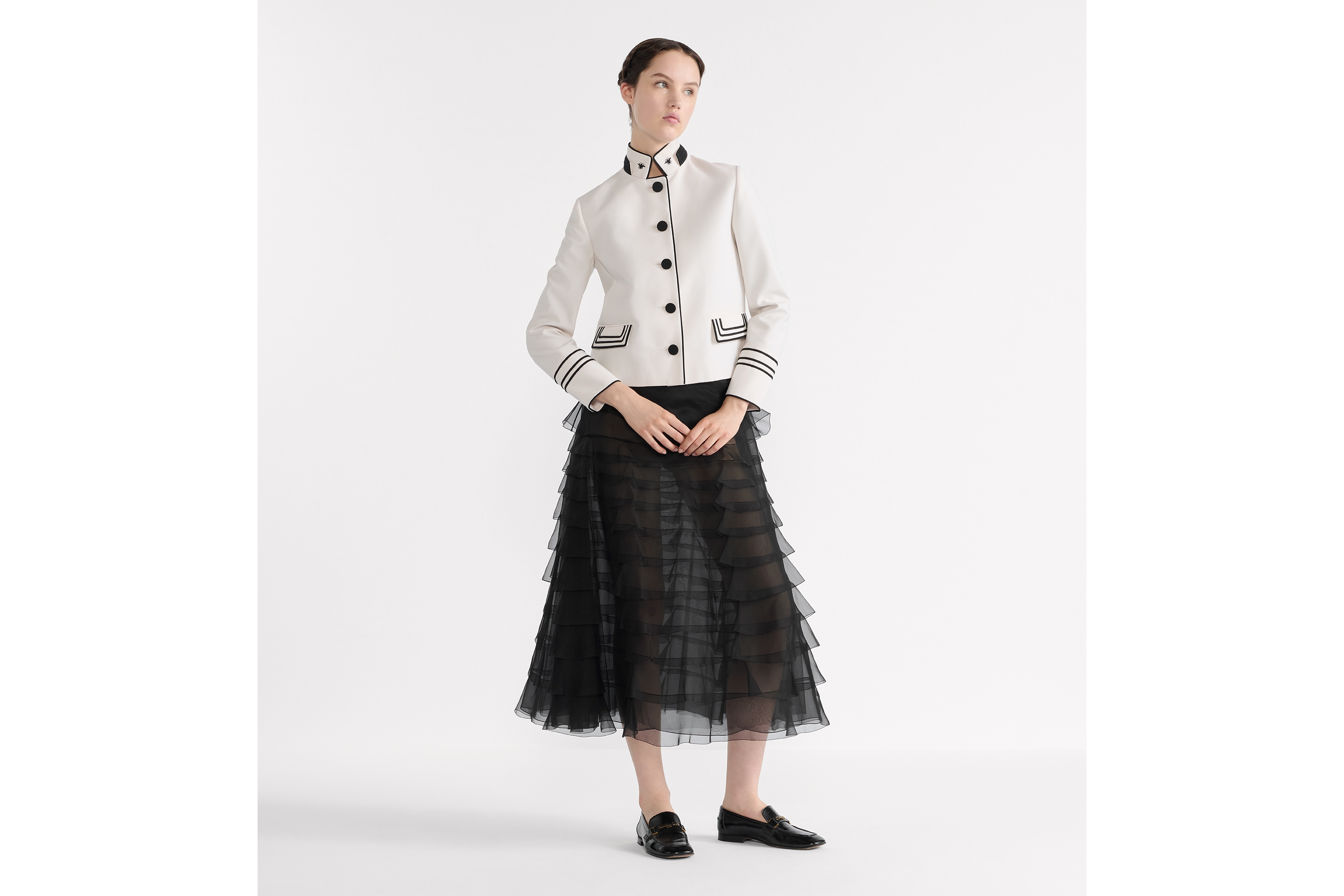 中长款半身裙 黑色桑蚕丝欧根纱效果面料搭配荷叶边 E01