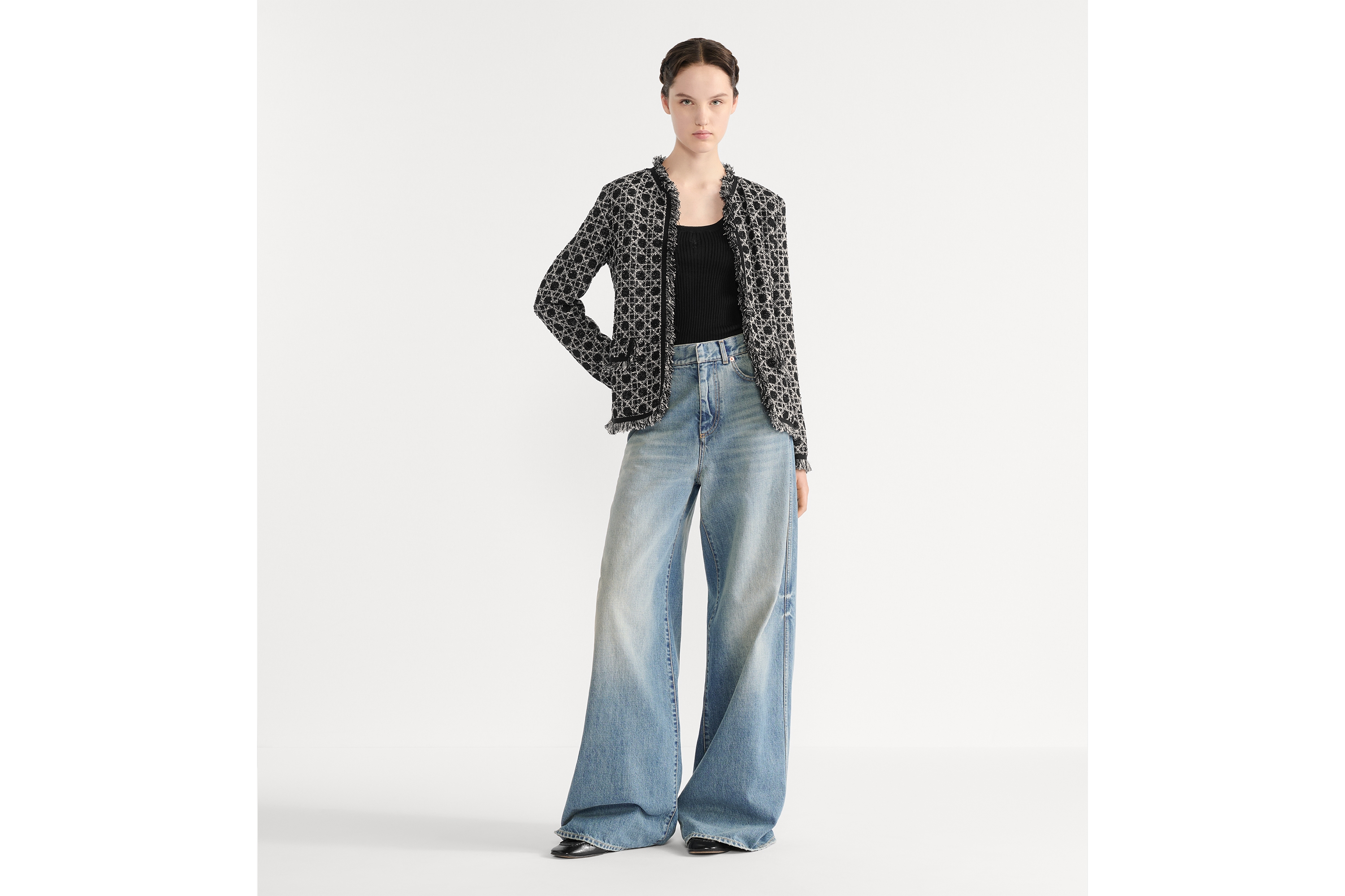 喇叭形牛仔裤 蓝色石洗棉质牛仔布 Oblique 印花内部 E01