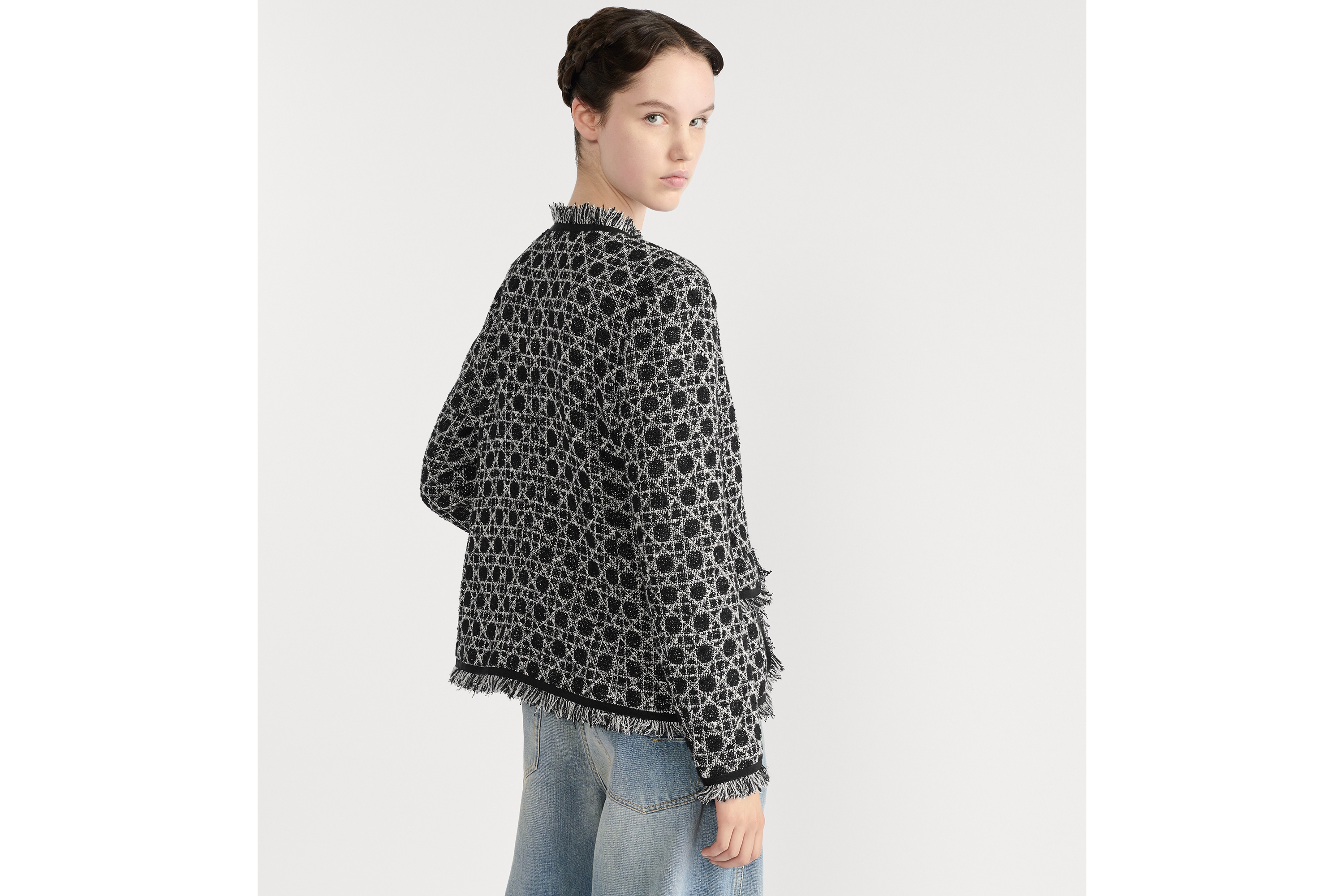 常规版型外套 黑色和白色棉质混纺粗花呢针织面料超大藤格纹 E06