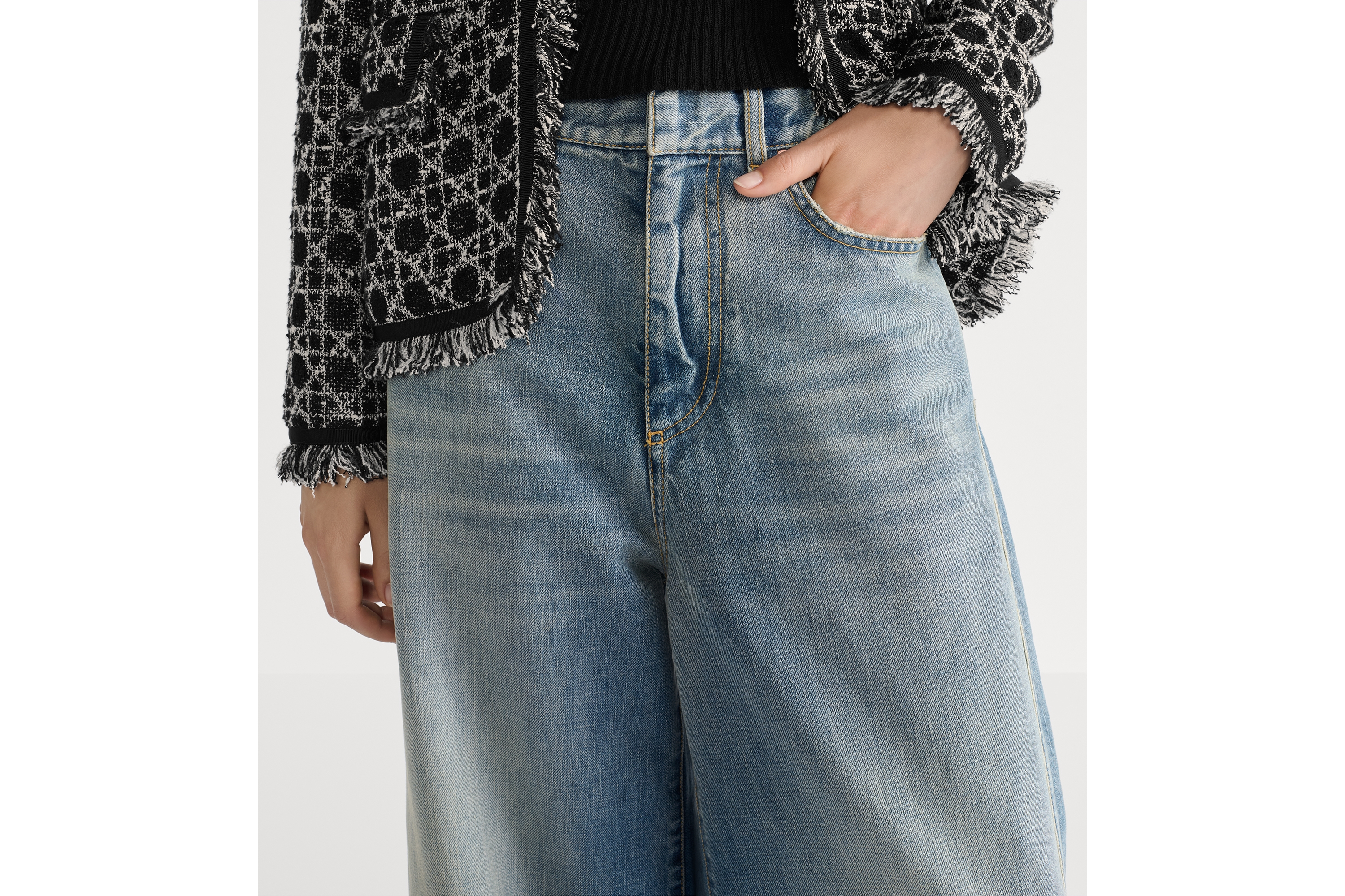 喇叭形牛仔裤 蓝色石洗棉质牛仔布 Oblique 印花内部 E13