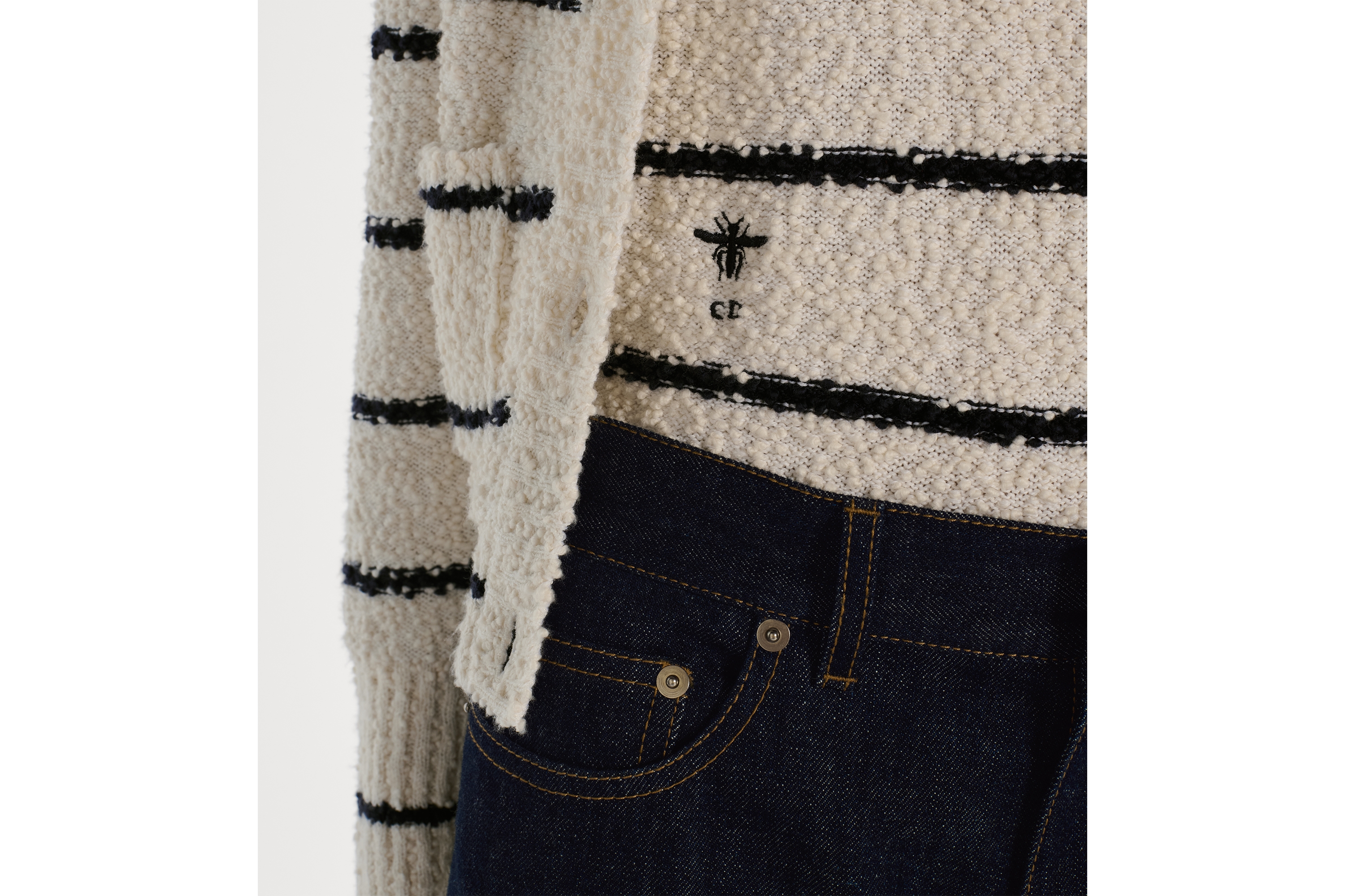 Dior Marinière 两件套 白色和海军蓝色棉质混纺毛圈花式线针织面料 E13