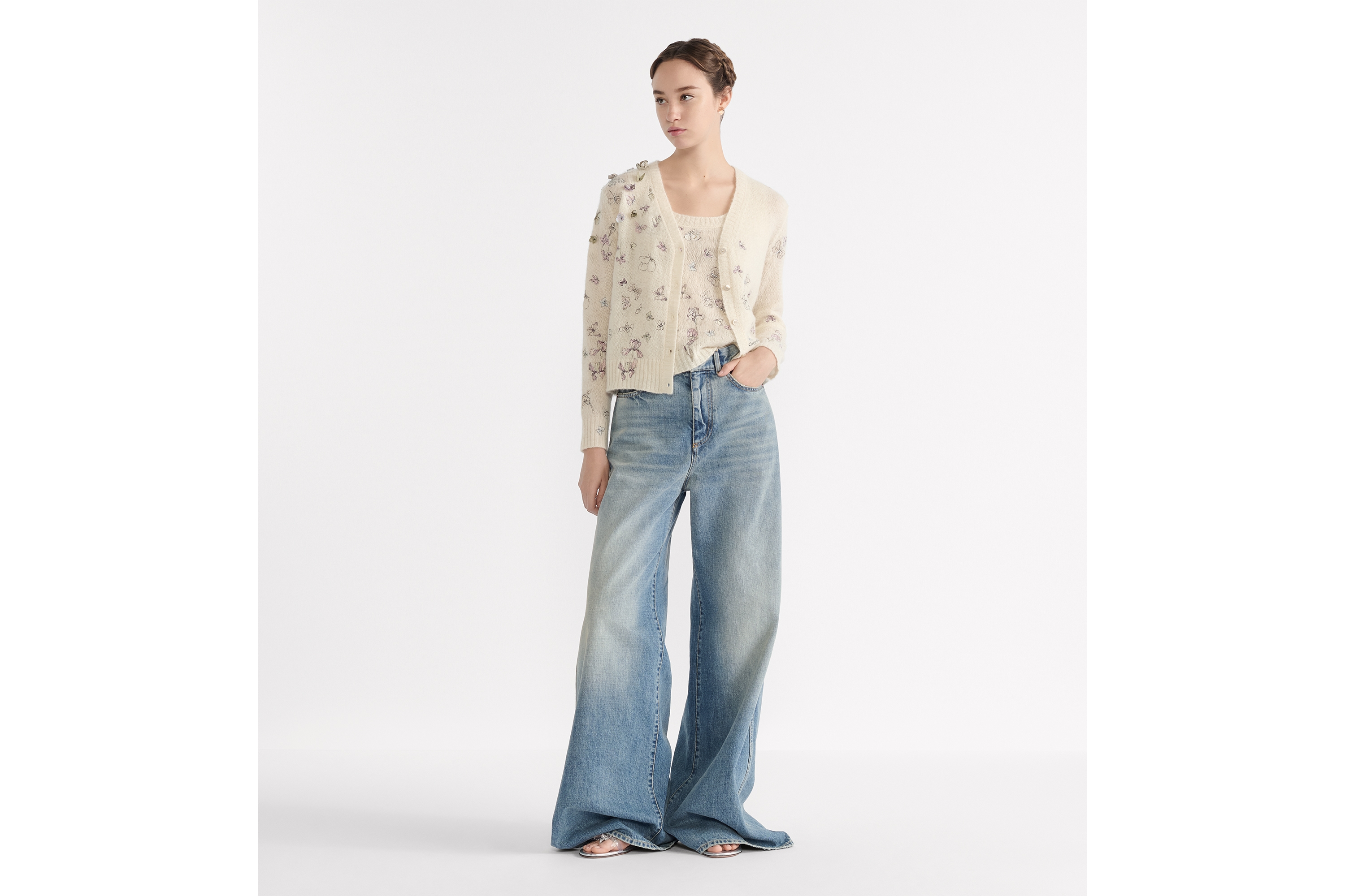 两件套 白色羊驼毛、山羊绒和桑蚕丝混纺针织面料多色 Butterflies & Iris 图案 E01