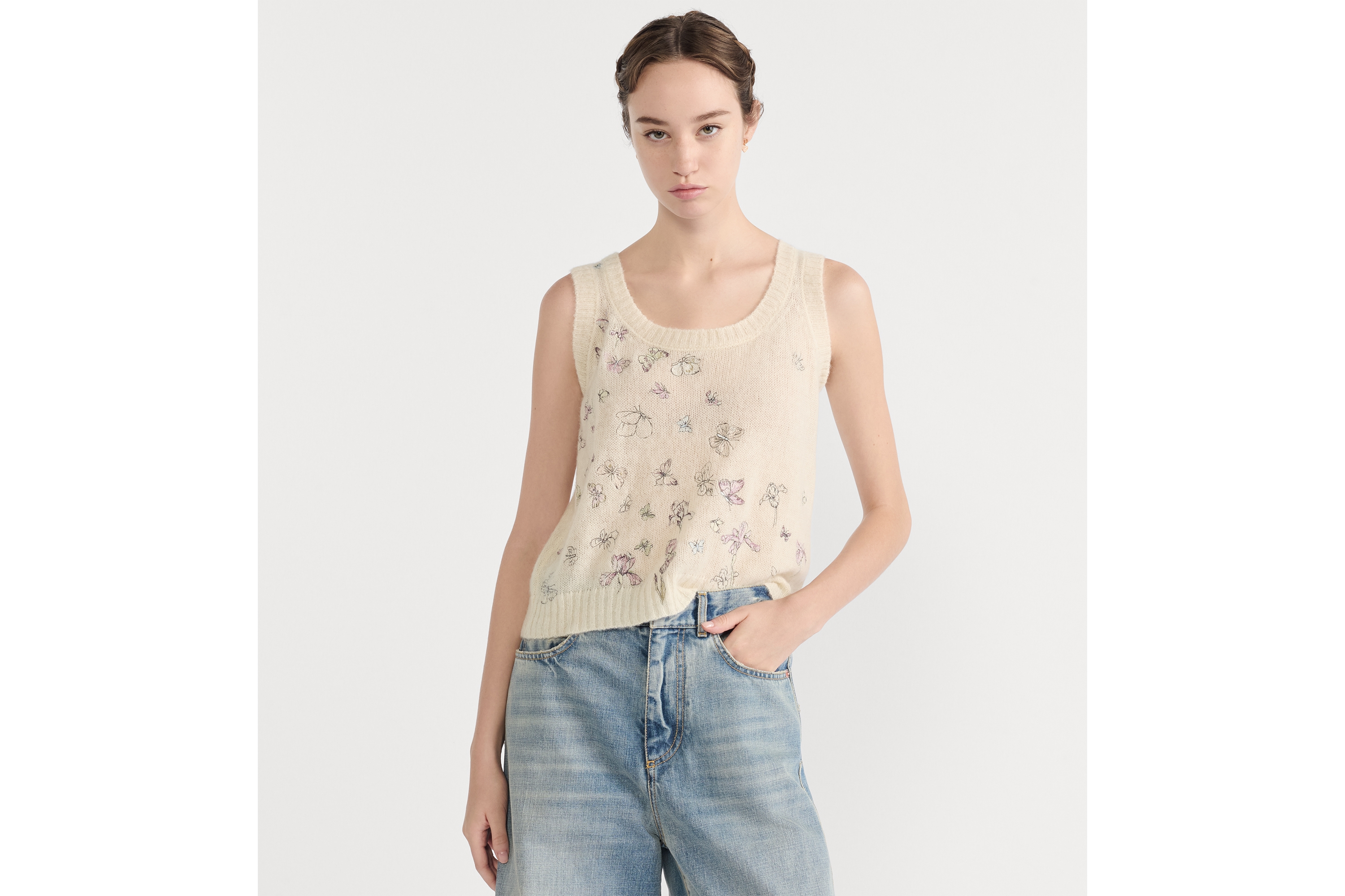 两件套 白色羊驼毛、山羊绒和桑蚕丝混纺针织面料多色 Butterflies & Iris 图案 E04