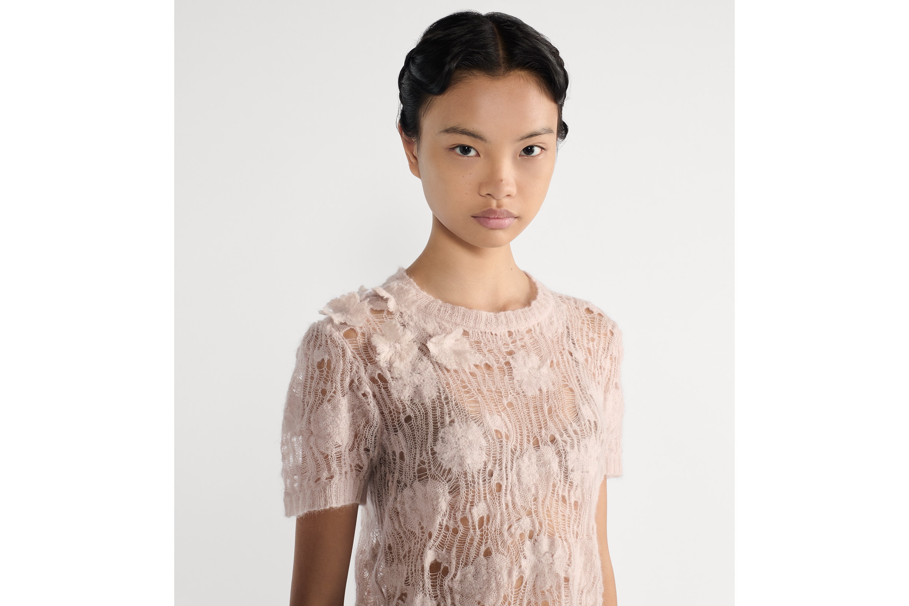 短袖针织衫 粉色镂空桑蚕丝混纺针织面料 E04