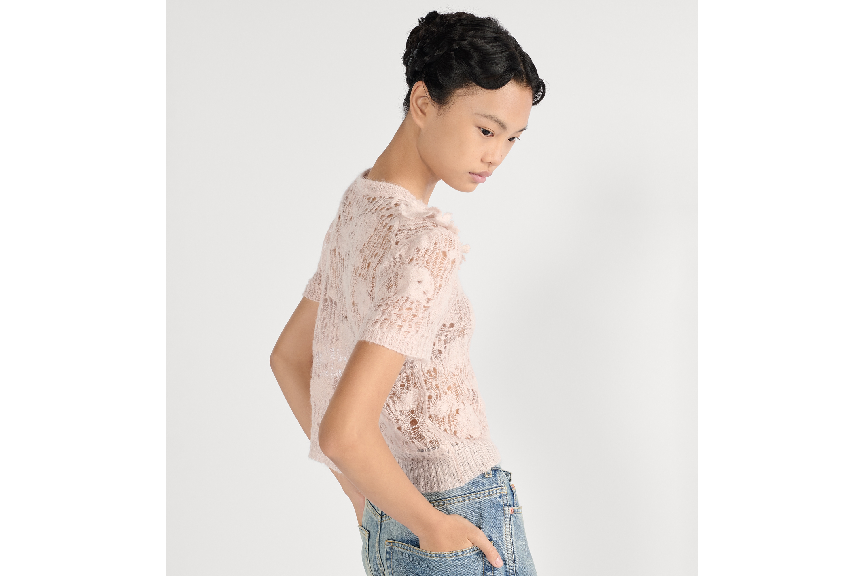 短袖针织衫 粉色镂空桑蚕丝混纺针织面料 E06