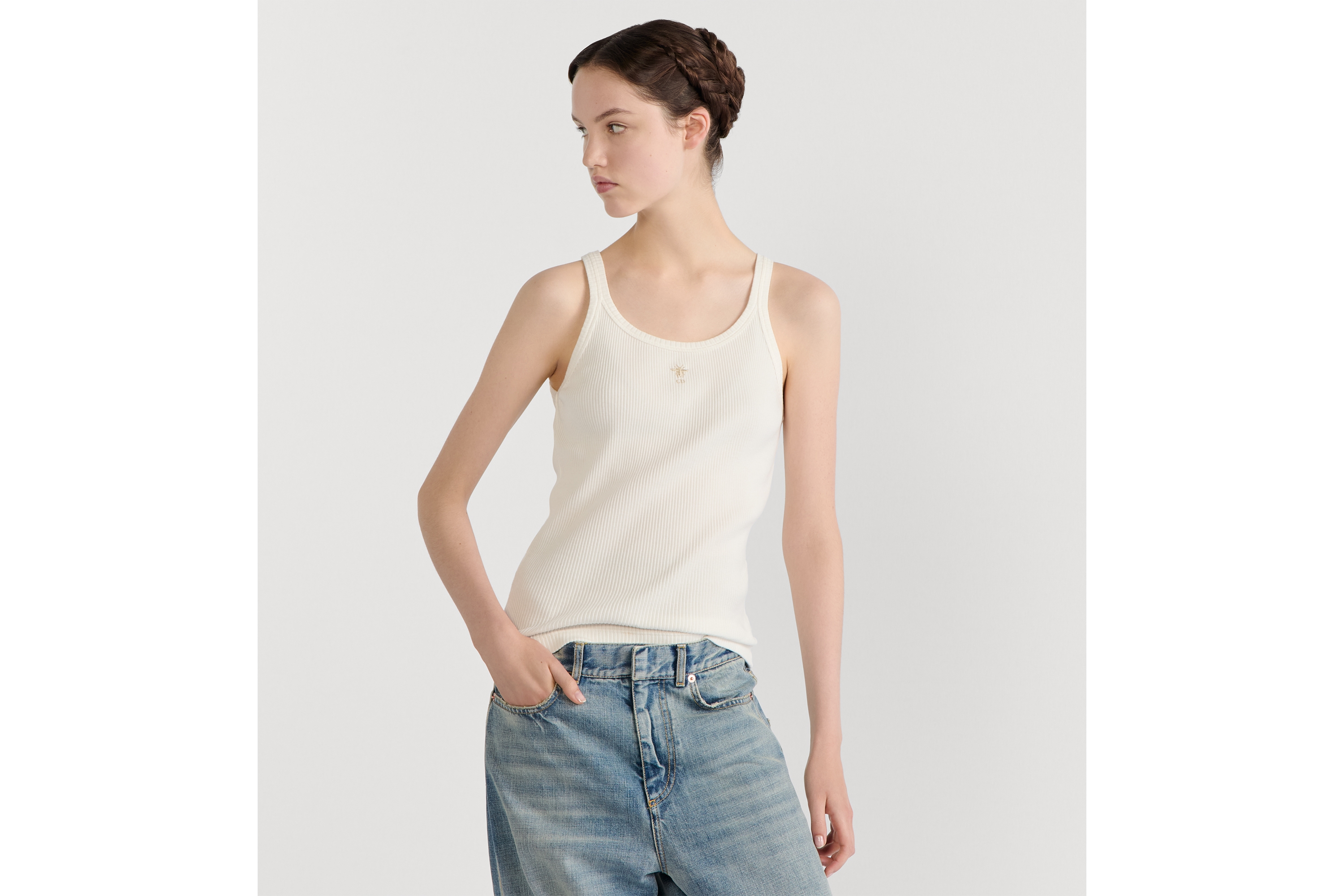 背心 米白色罗纹棉质混纺平纹针织面料 E04