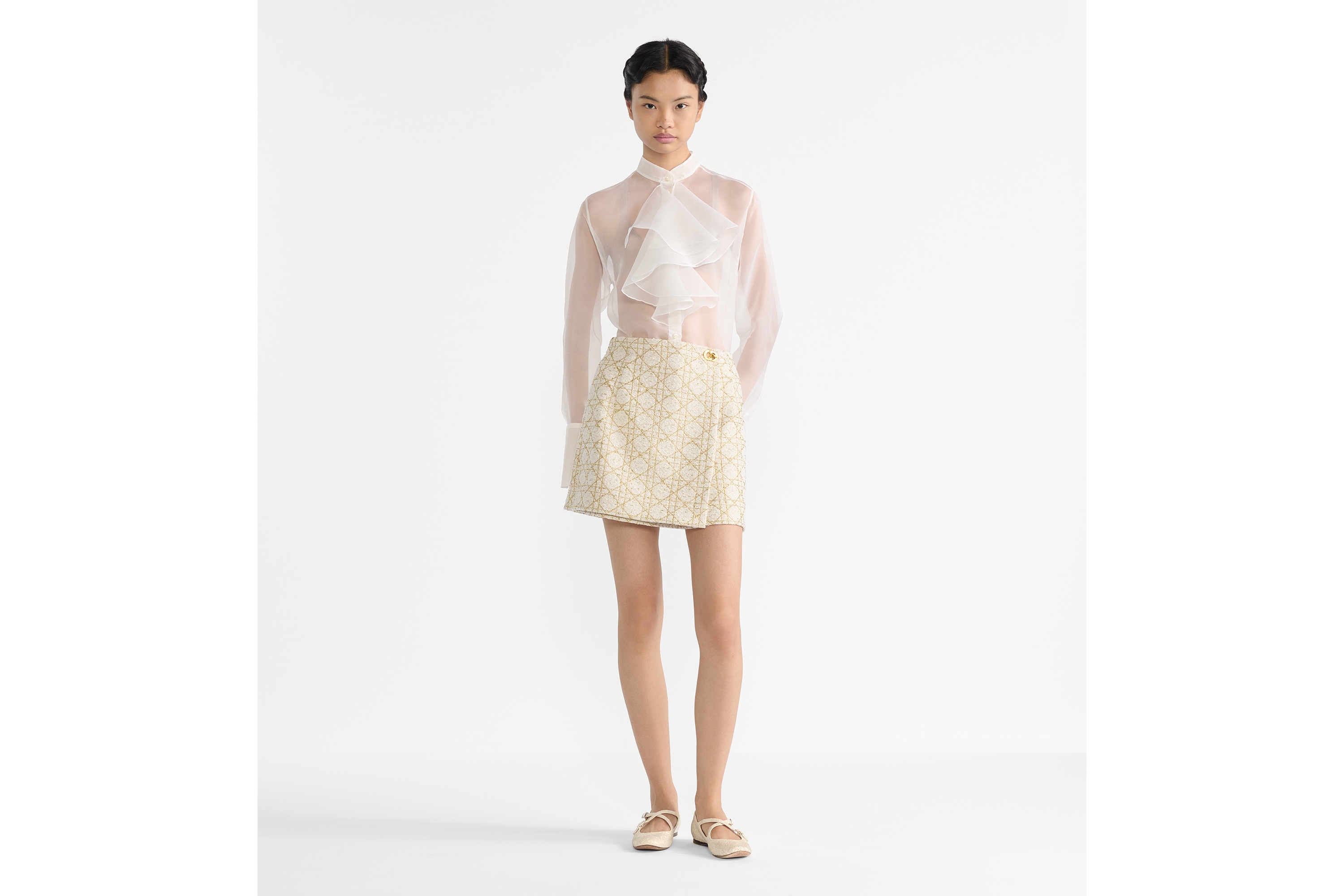 裙裤 白色和金色调绵羊毛混纺粗花呢面料超大藤格纹 E01