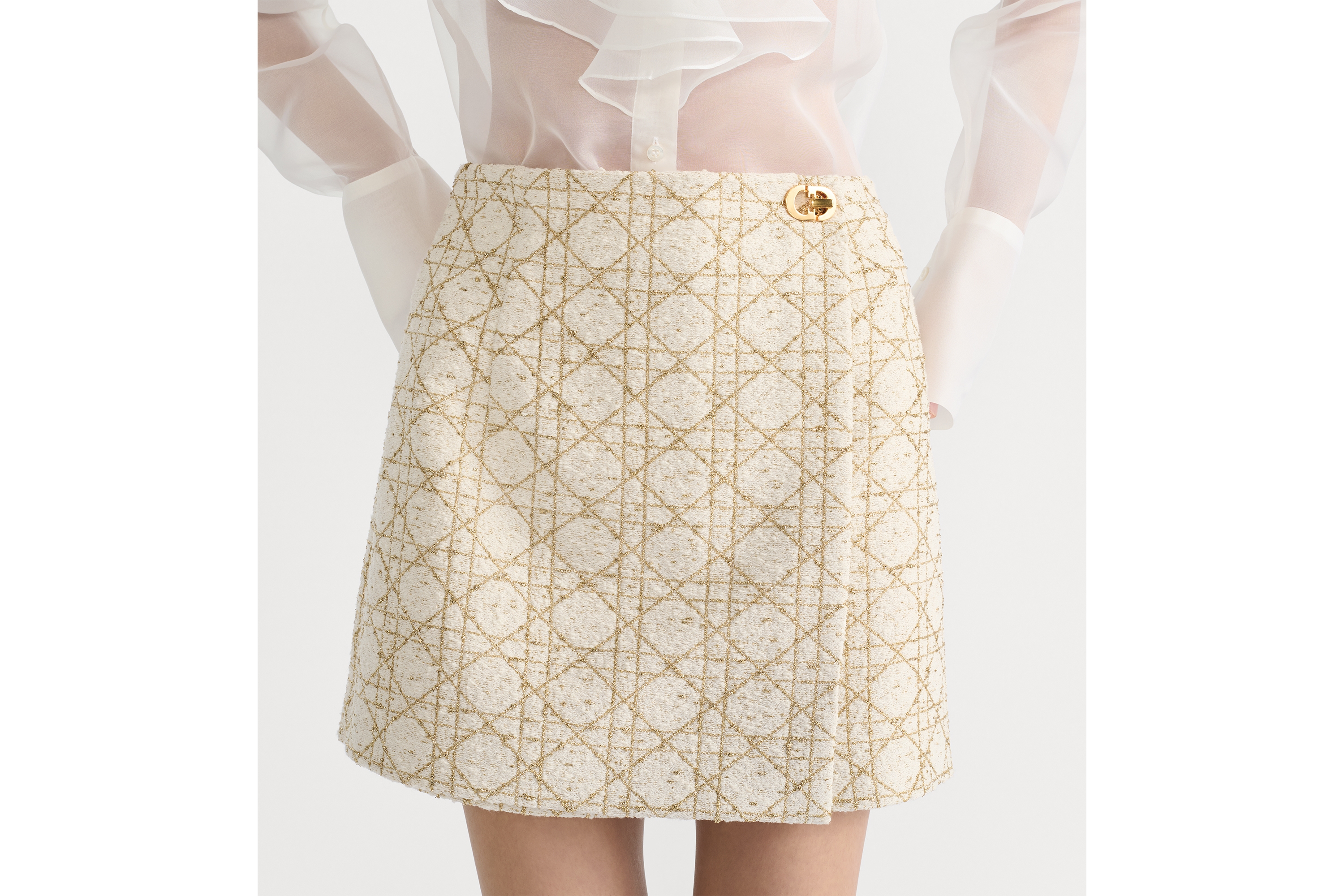 裙裤 白色和金色调绵羊毛混纺粗花呢面料超大藤格纹 E14