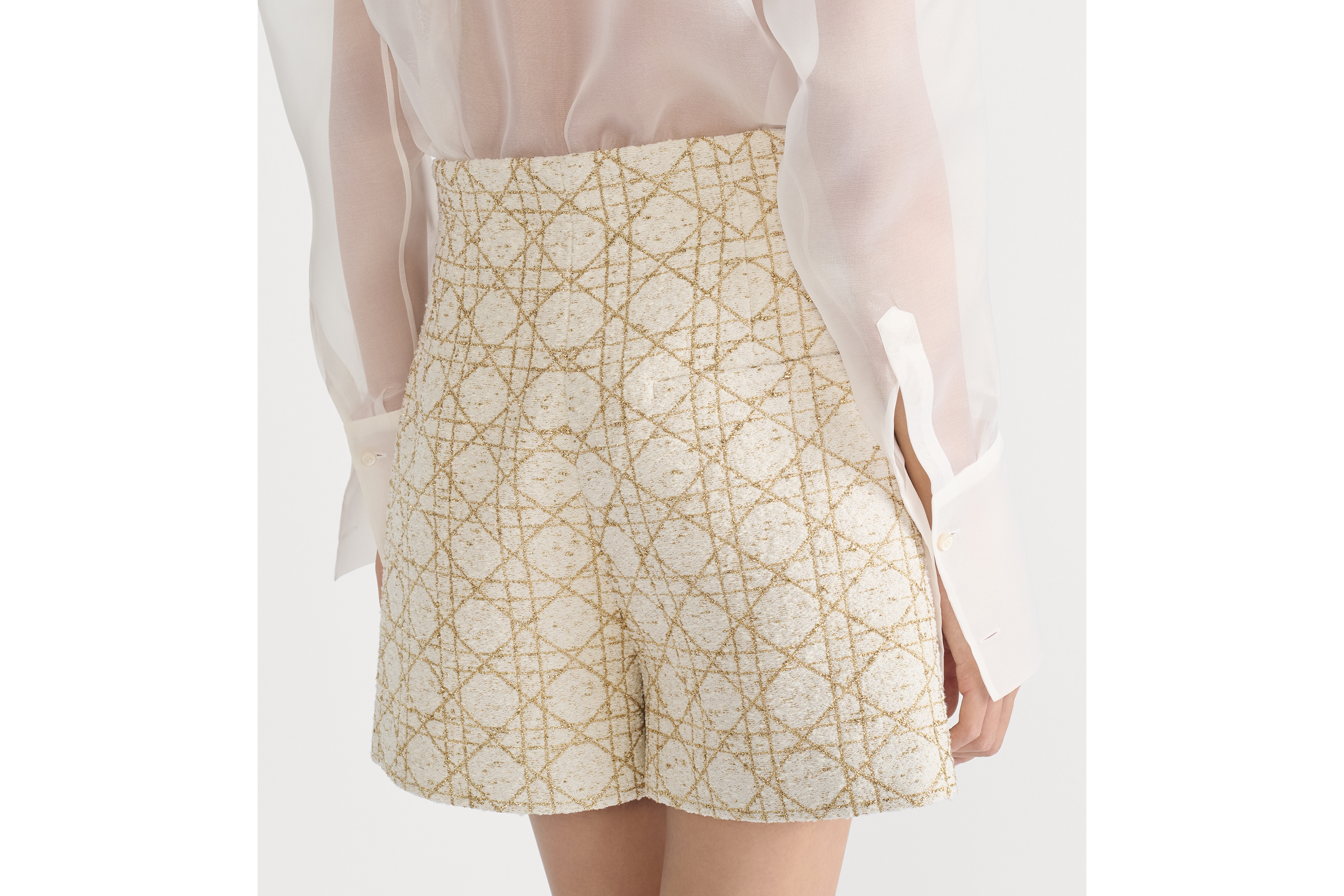 裙裤 白色和金色调绵羊毛混纺粗花呢面料超大藤格纹 E16