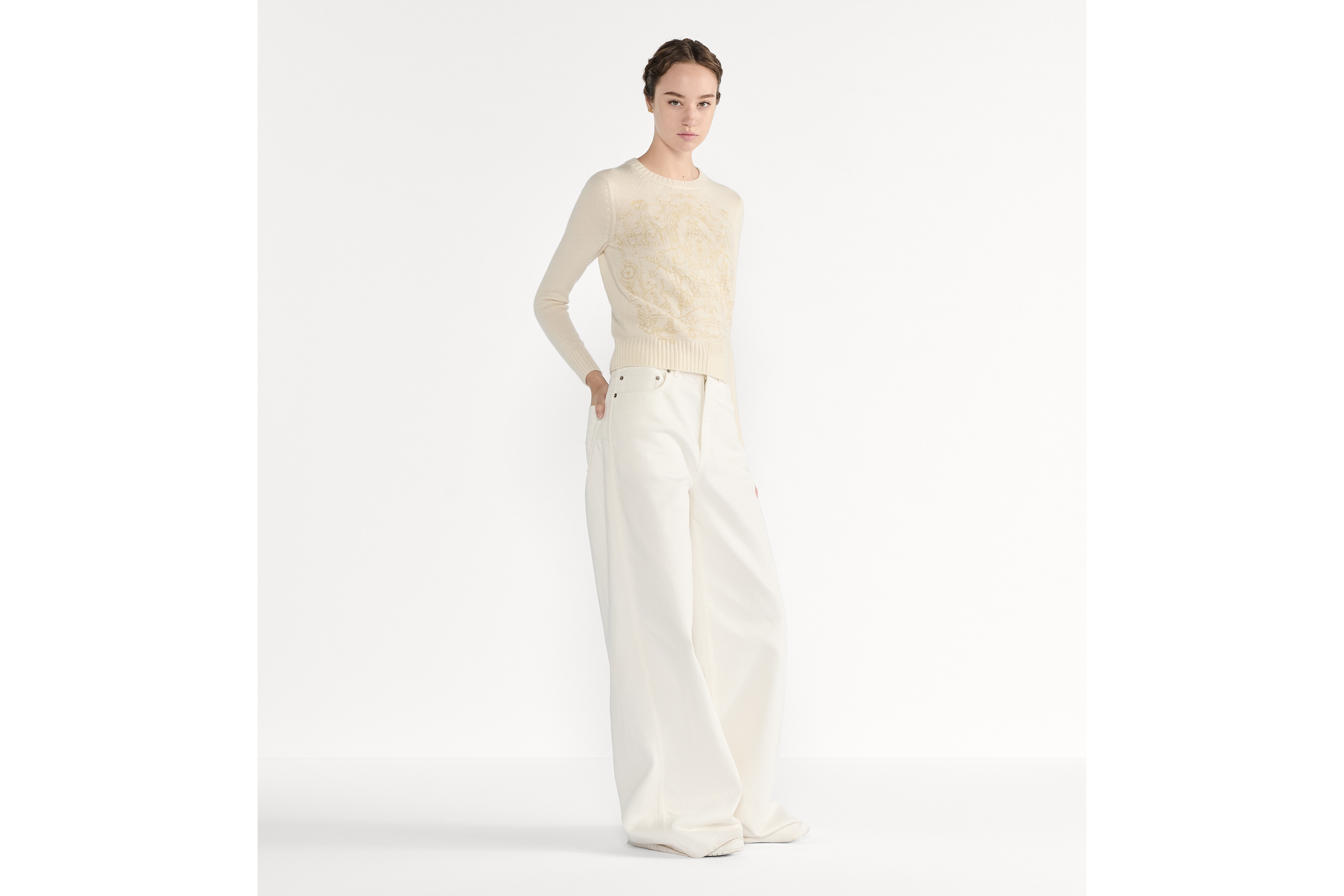 针织衫 米白色山羊绒针织面料金色调 Dioresque Stella 图案刺绣 E01