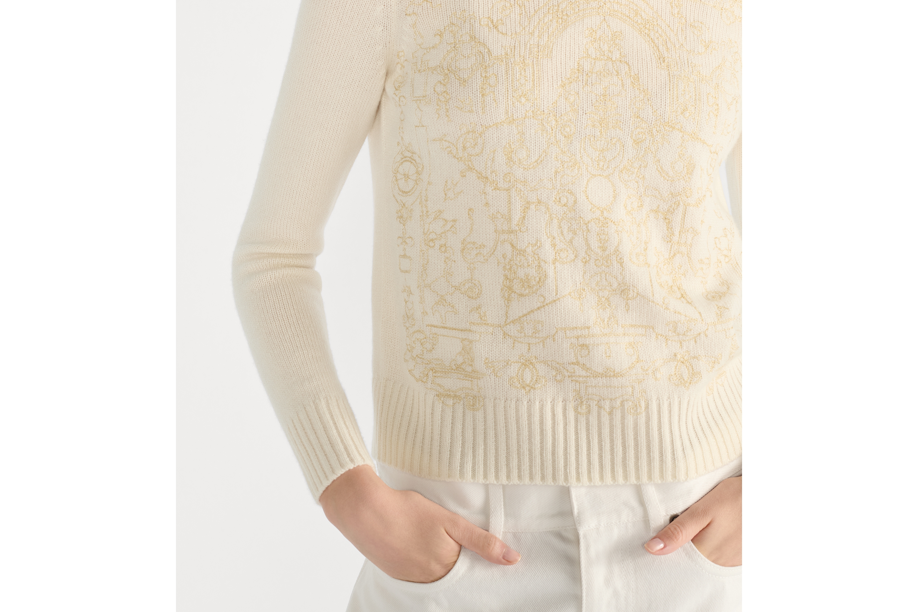 针织衫 米白色山羊绒针织面料金色调 Dioresque Stella 图案刺绣 E13