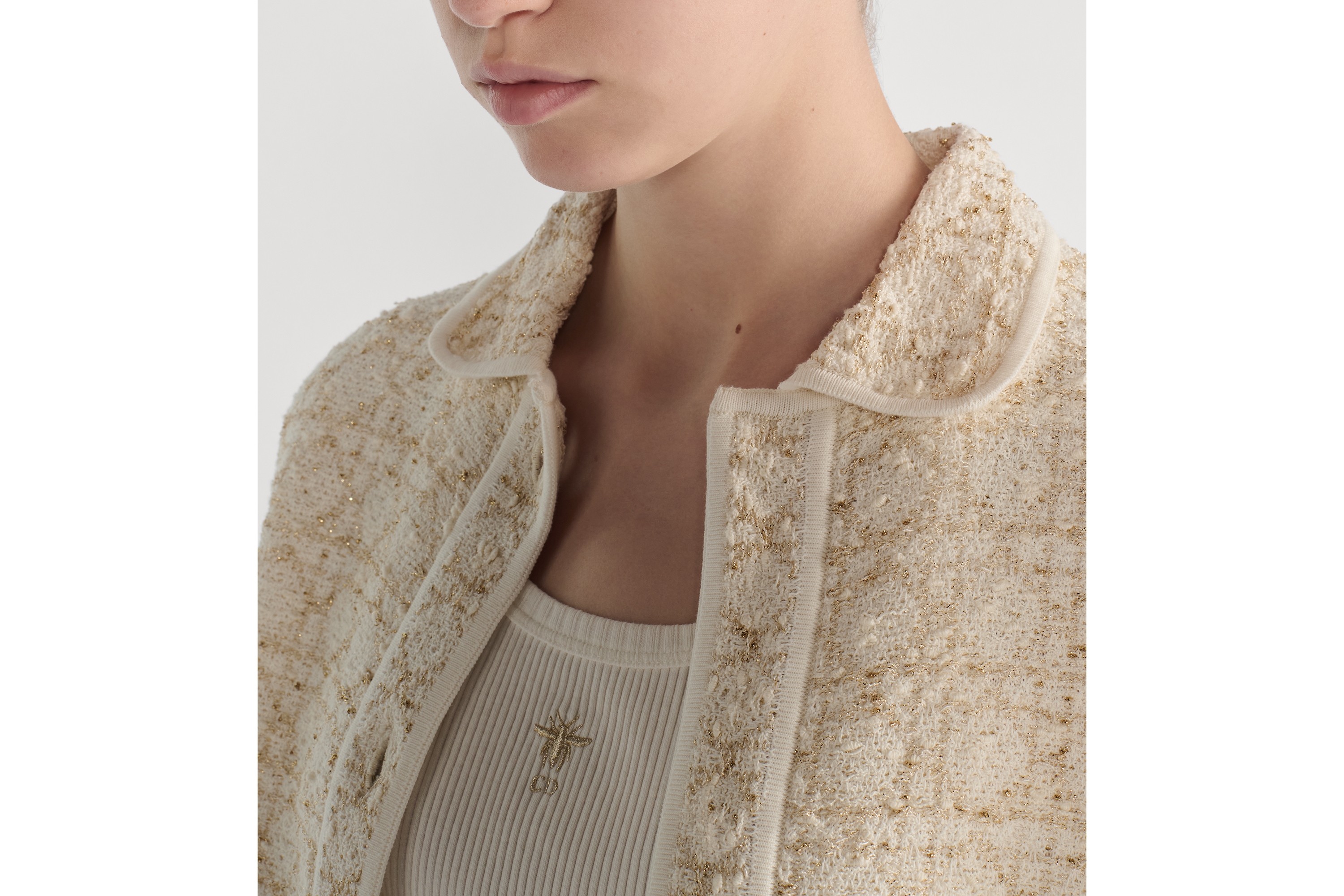 外套 白色和金色调棉质混纺粗花呢针织面料超大藤格纹 E12