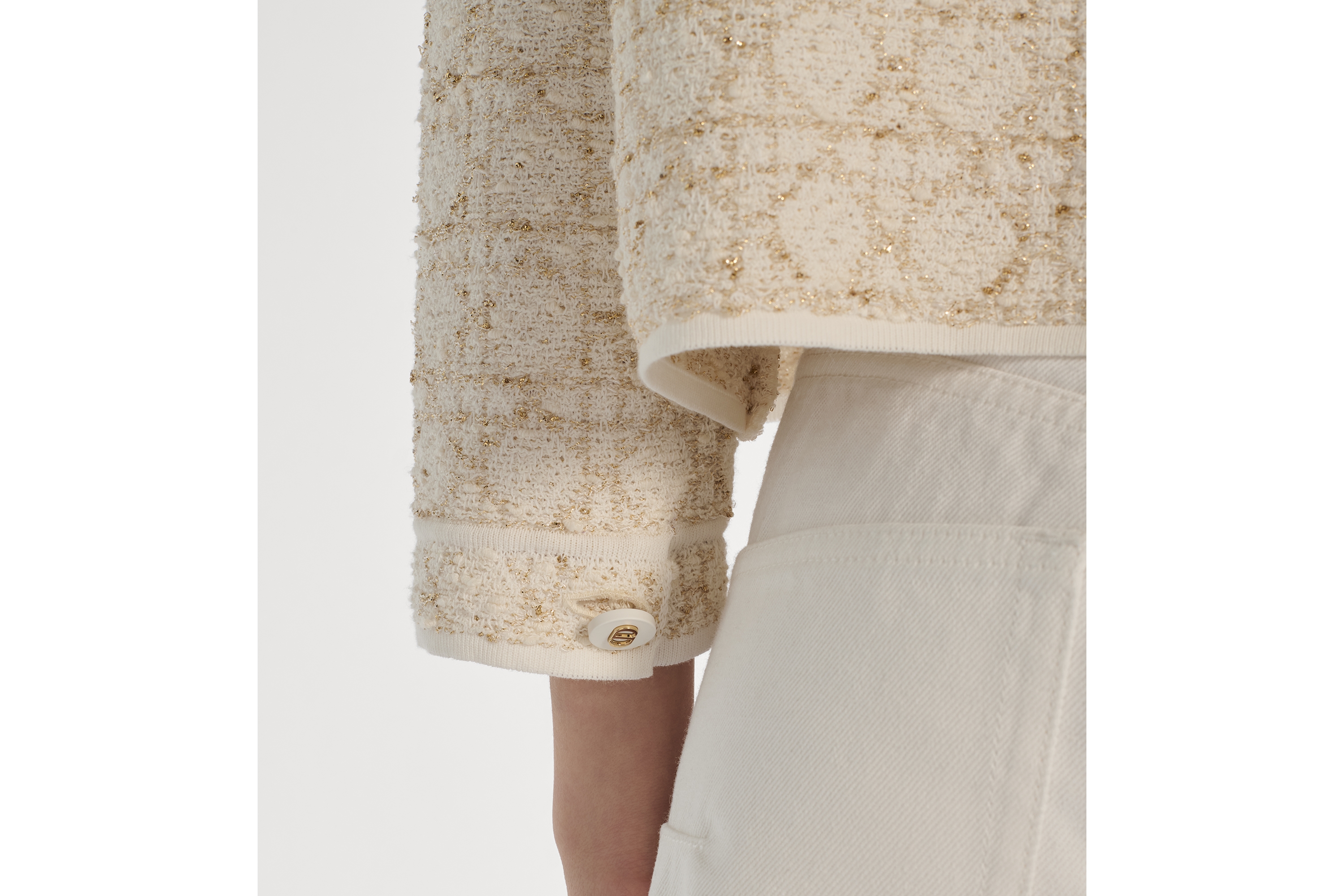 外套 白色和金色调棉质混纺粗花呢针织面料超大藤格纹 E13