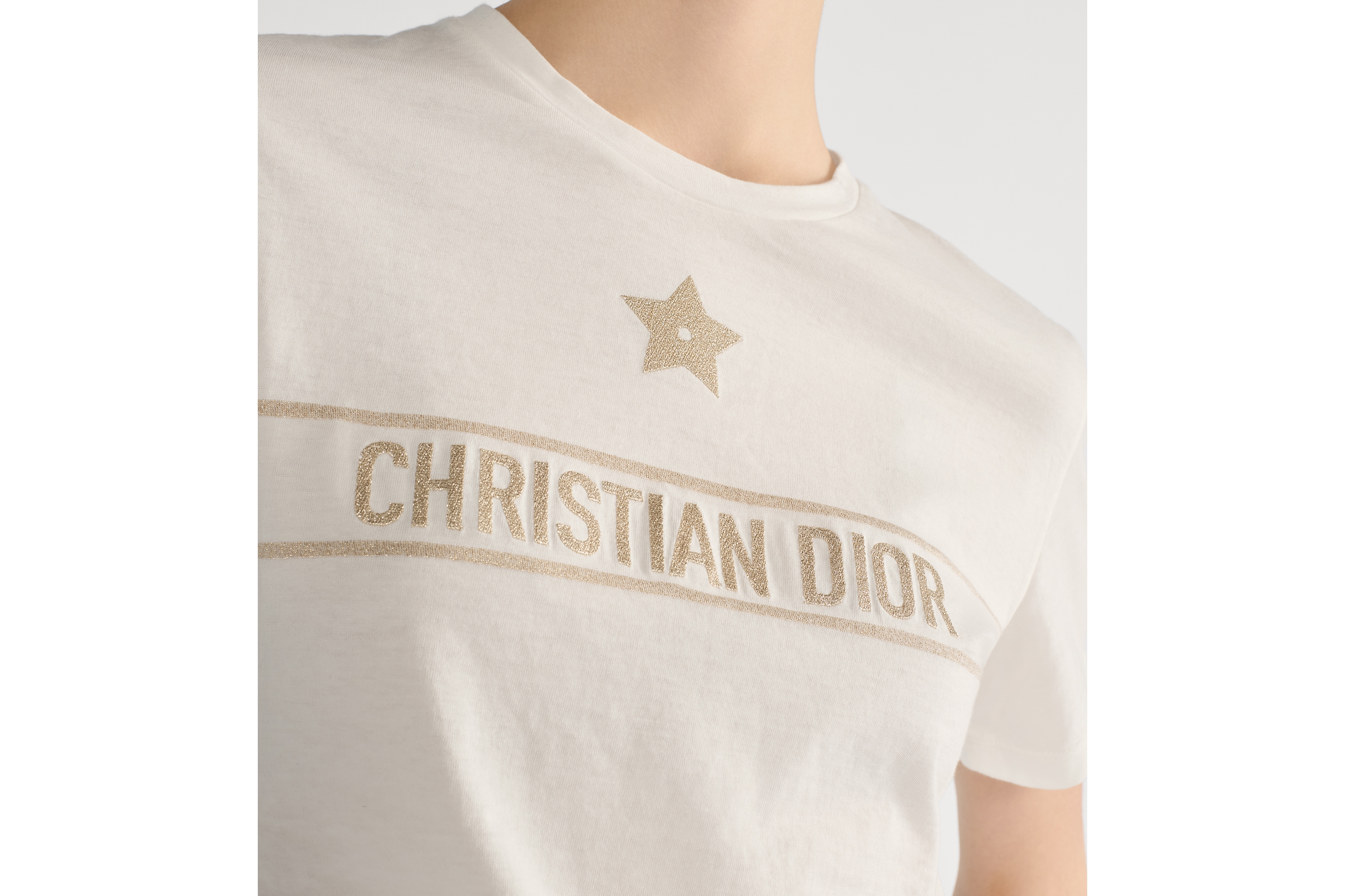 T 恤 米白色棉质混纺平纹针织面料金色调刺绣 E12