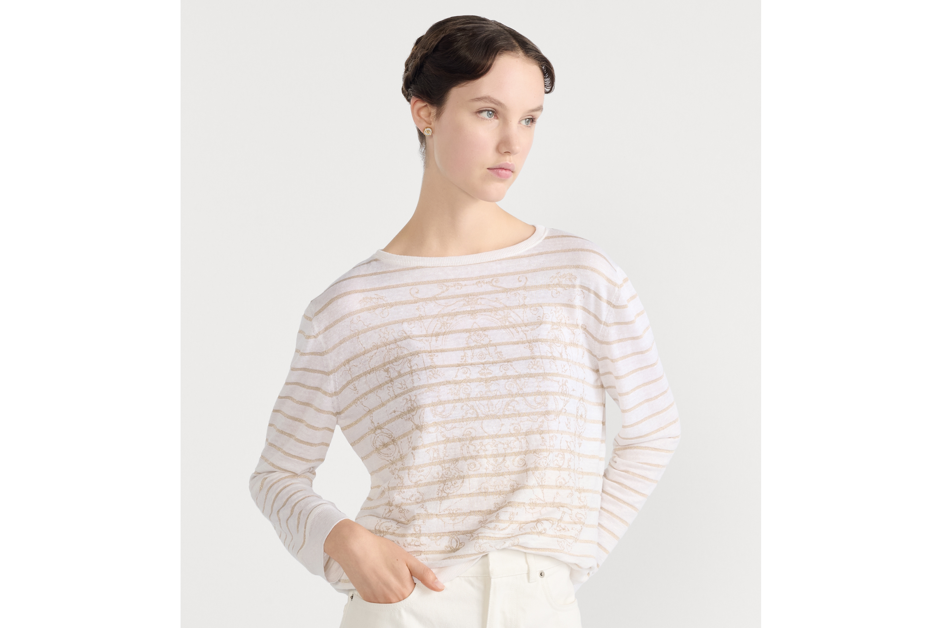 Dior Marinière 针织衫 米白色亚麻混纺针织面料金色调 Dioresque Stella 图案 E04