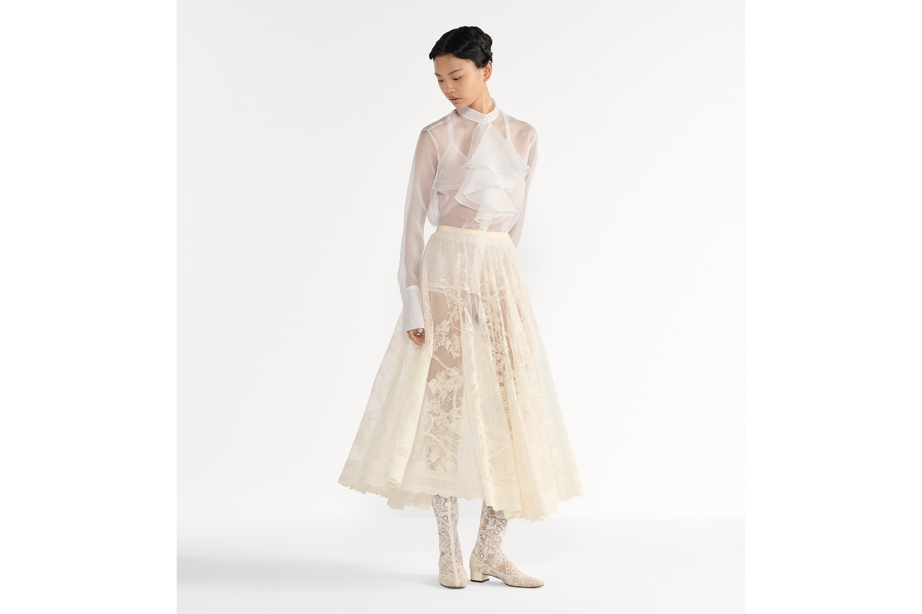 喇叭形半裙 米白色棉质混纺蕾丝面料 Jardin D-Étoile 图案 E01