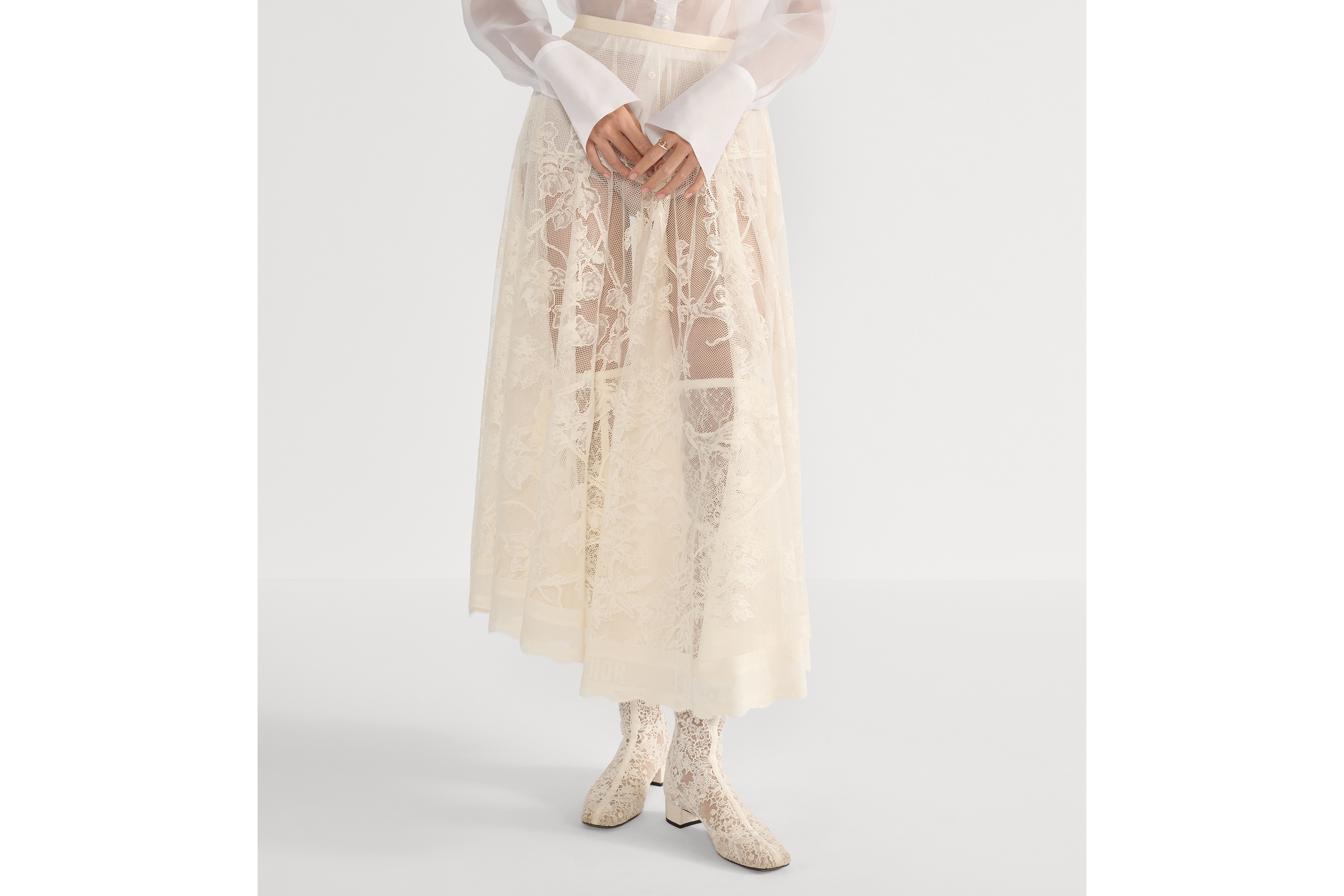 喇叭形半裙 米白色棉质混纺蕾丝面料 Jardin D-Étoile 图案 E14