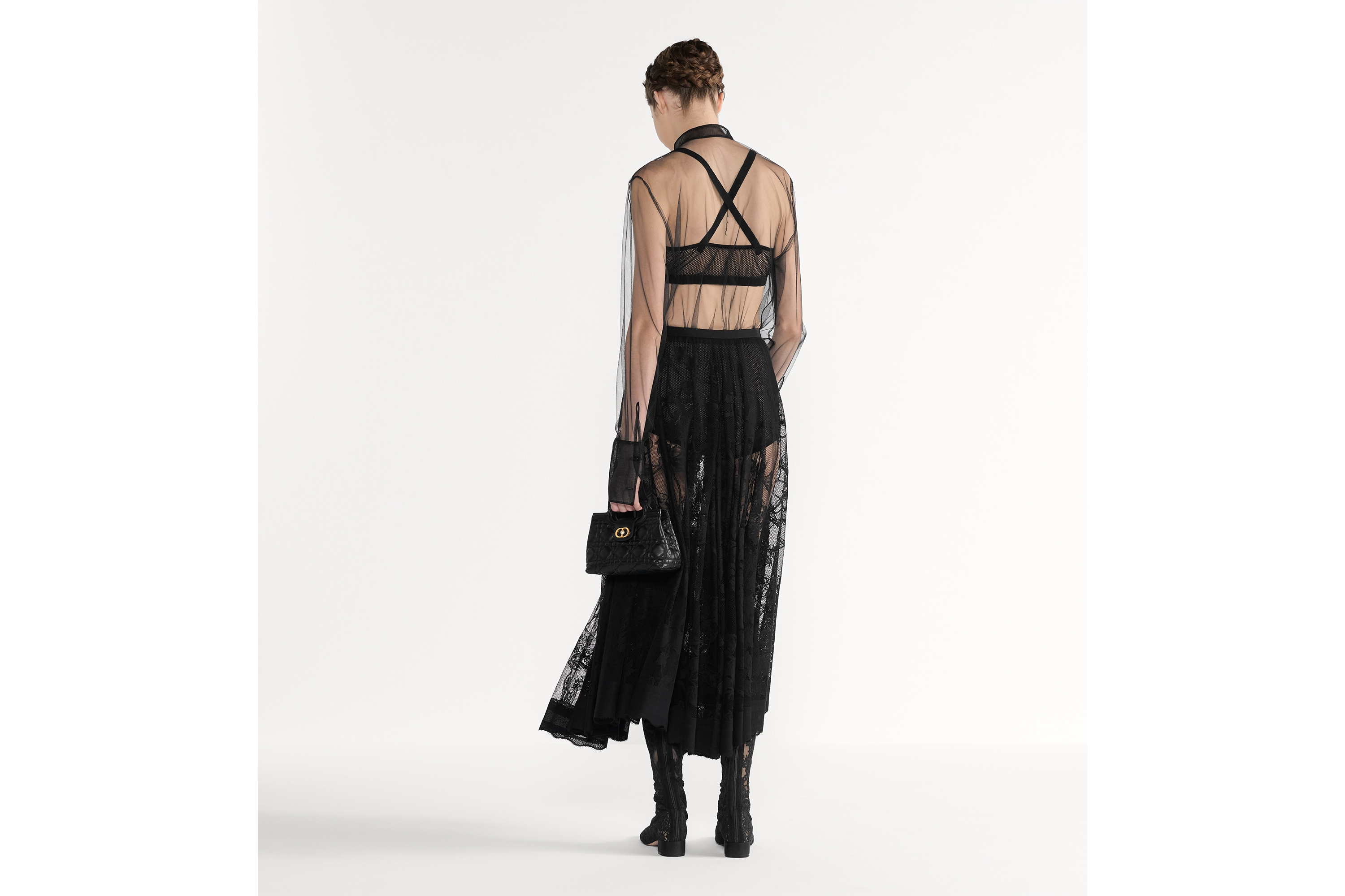 喇叭形半裙 黑色棉质混纺蕾丝面料 Jardin D-Étoile 图案 E03