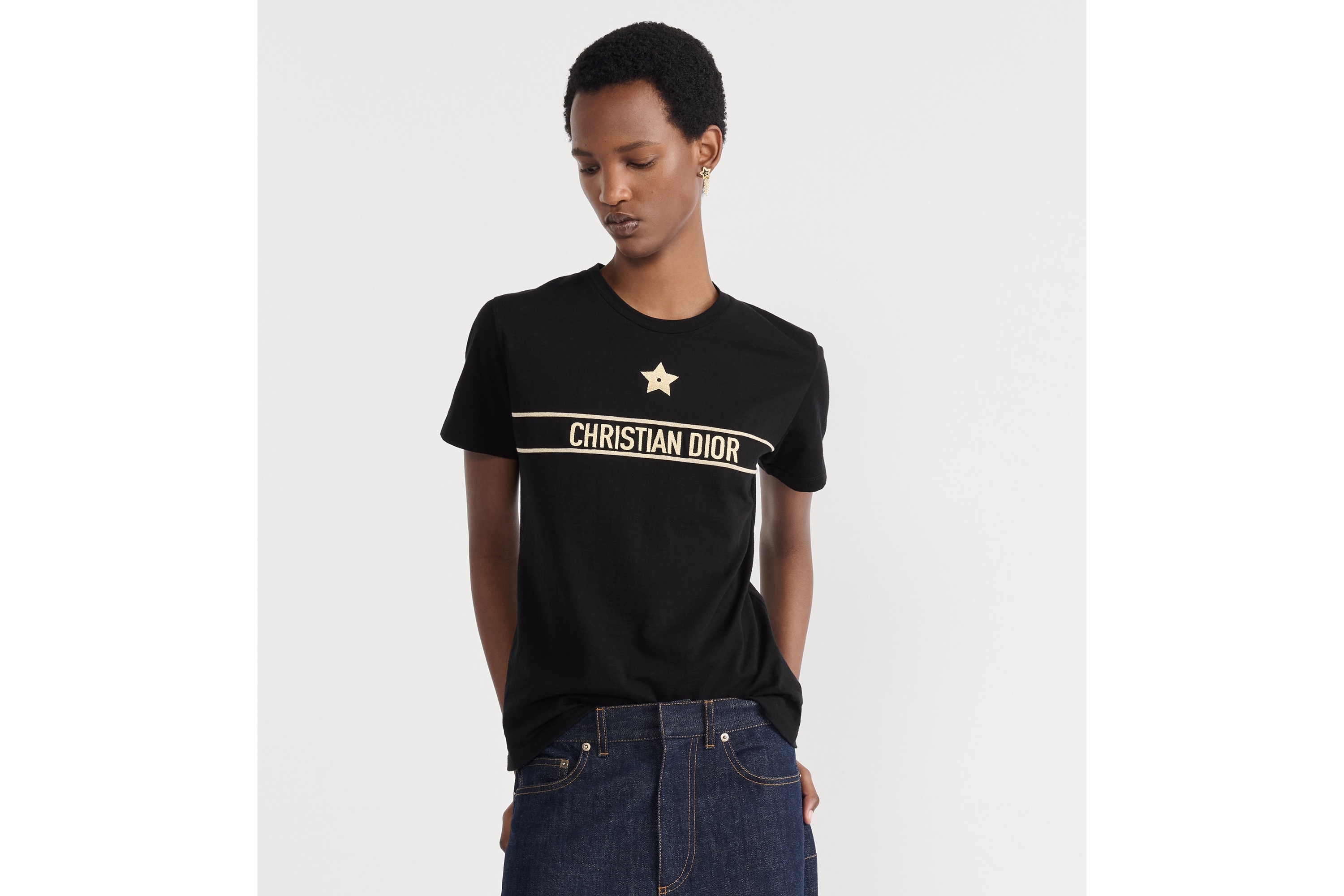 T 恤 黑色棉质混纺平纹针织面料金色调刺绣 E04