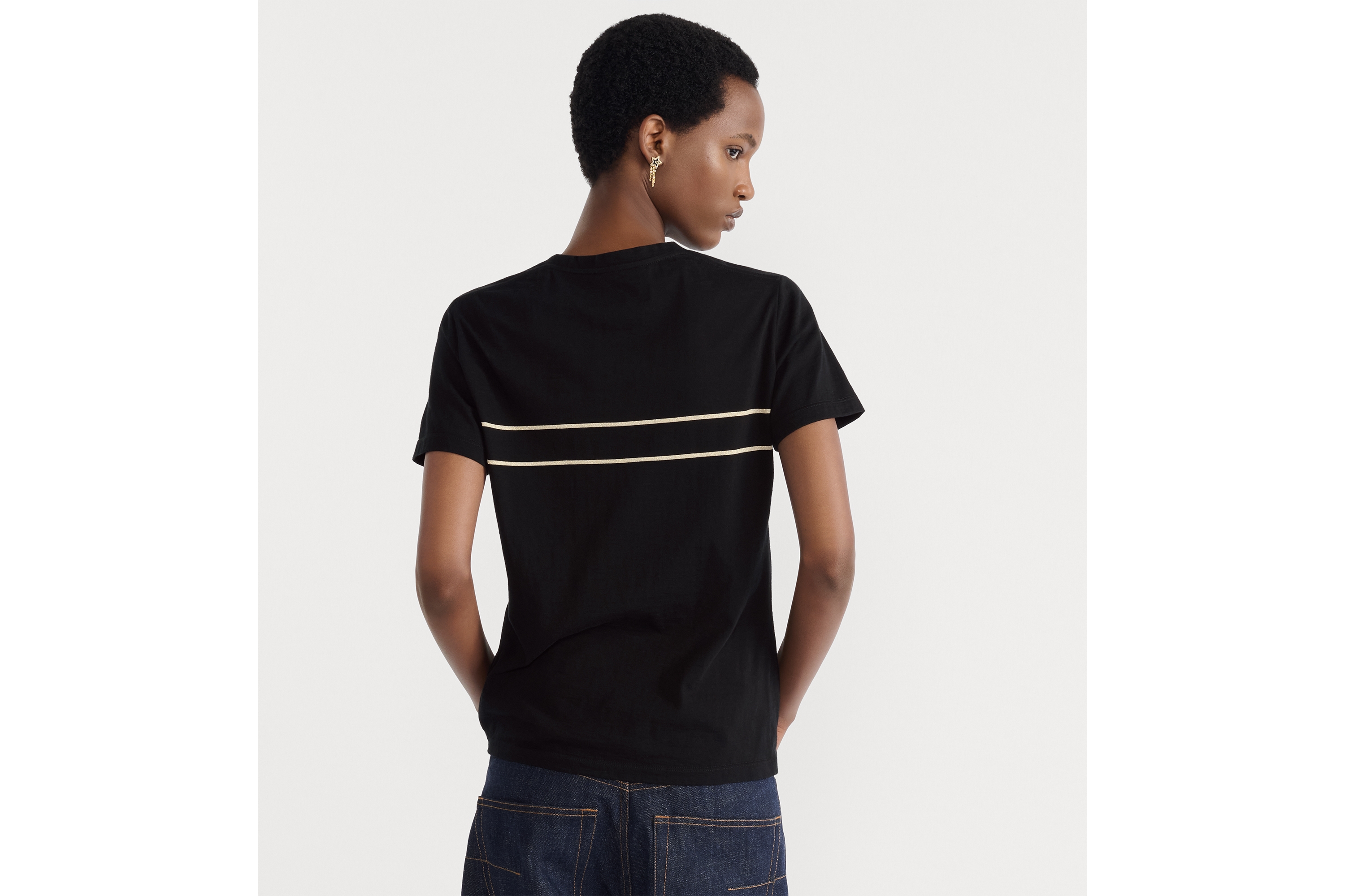 T 恤 黑色棉质混纺平纹针织面料金色调刺绣 E06