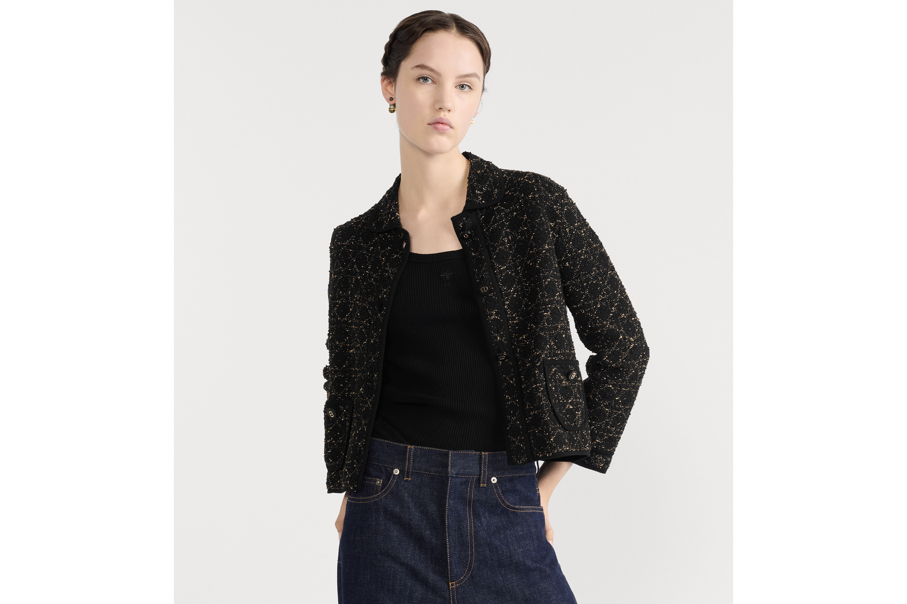 外套 黑色和金色调棉质混纺粗花呢针织面料超大藤格纹 E04