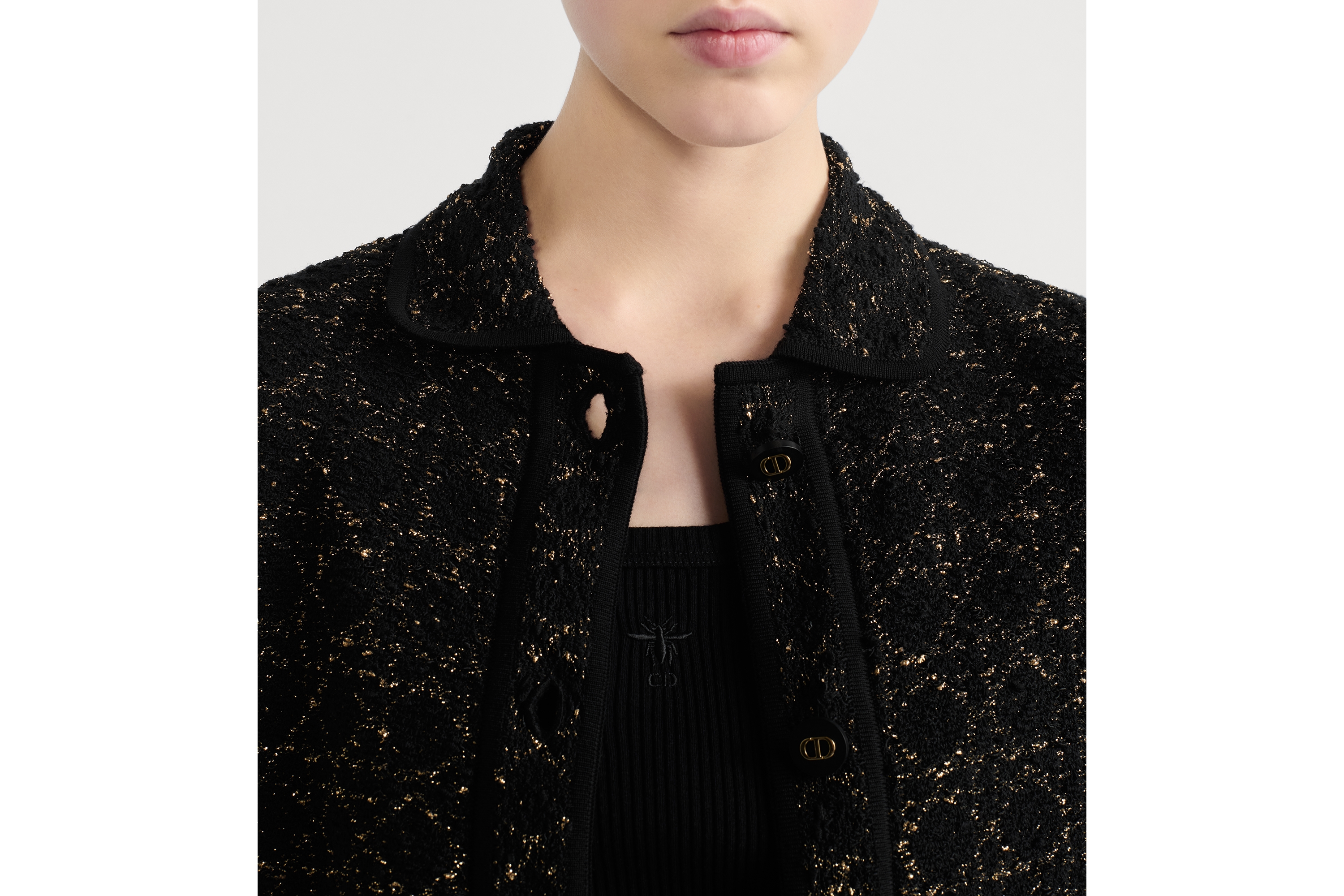 外套 黑色和金色调棉质混纺粗花呢针织面料超大藤格纹 E12