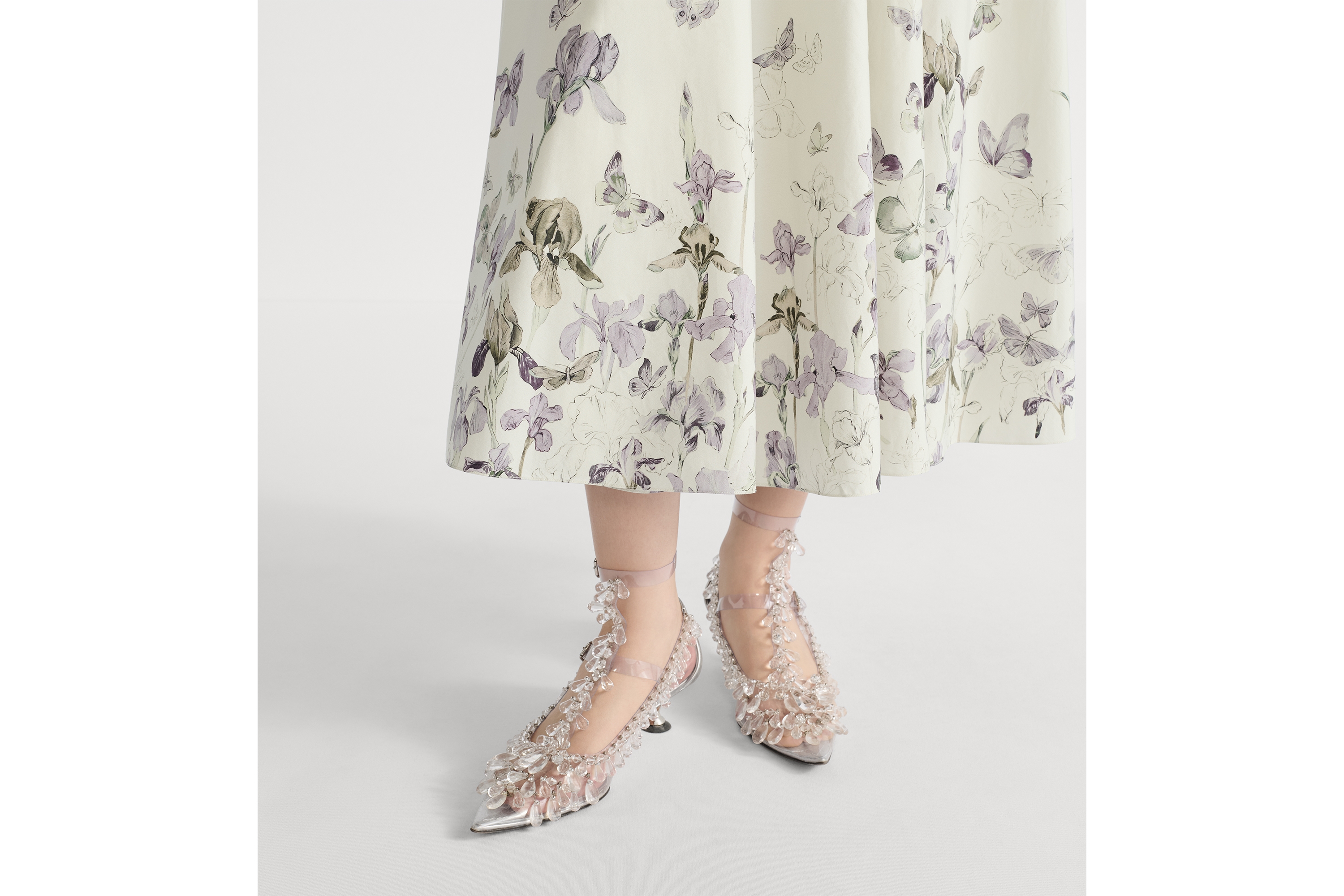 中长款喇叭形半身裙 米色棉质和桑蚕丝混纺府绸多色 Butterflies & Iris 图案 E14