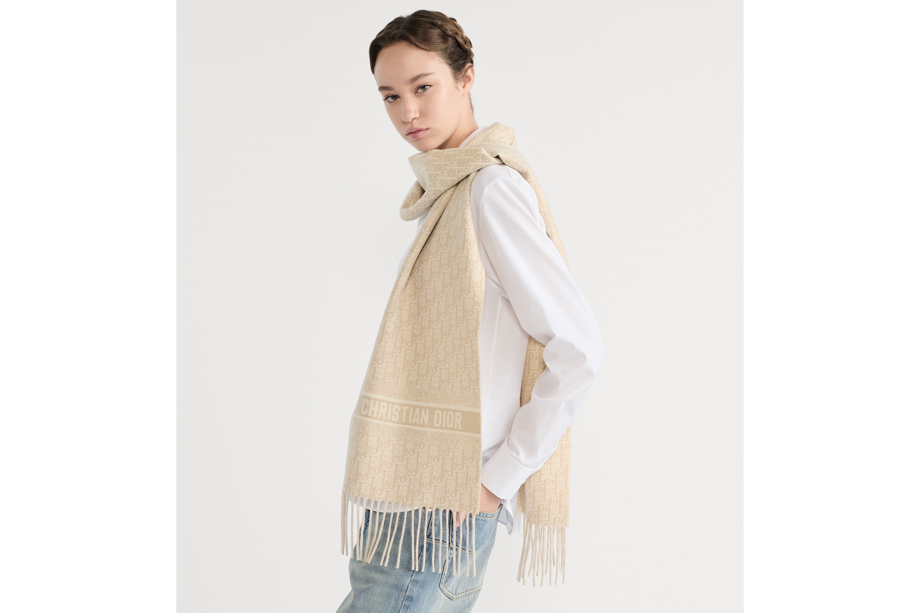 Dior 印花围巾 金色调山羊绒混纺面料金属光泽线 Dior Oblique Natte 图案 E05
