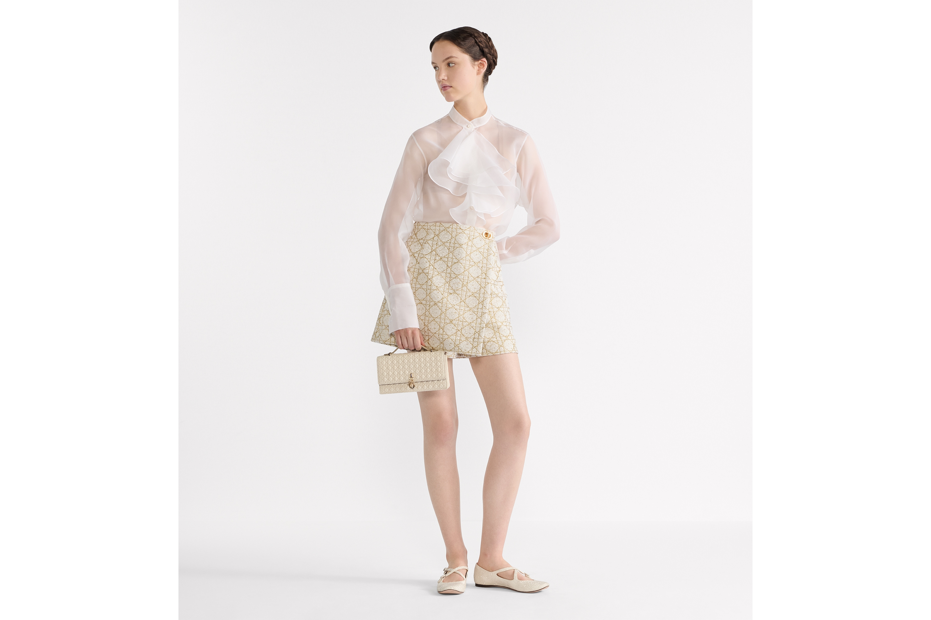 衬衫 米白色桑蚕丝欧根纱效果面料搭配荷叶边衣领 E01