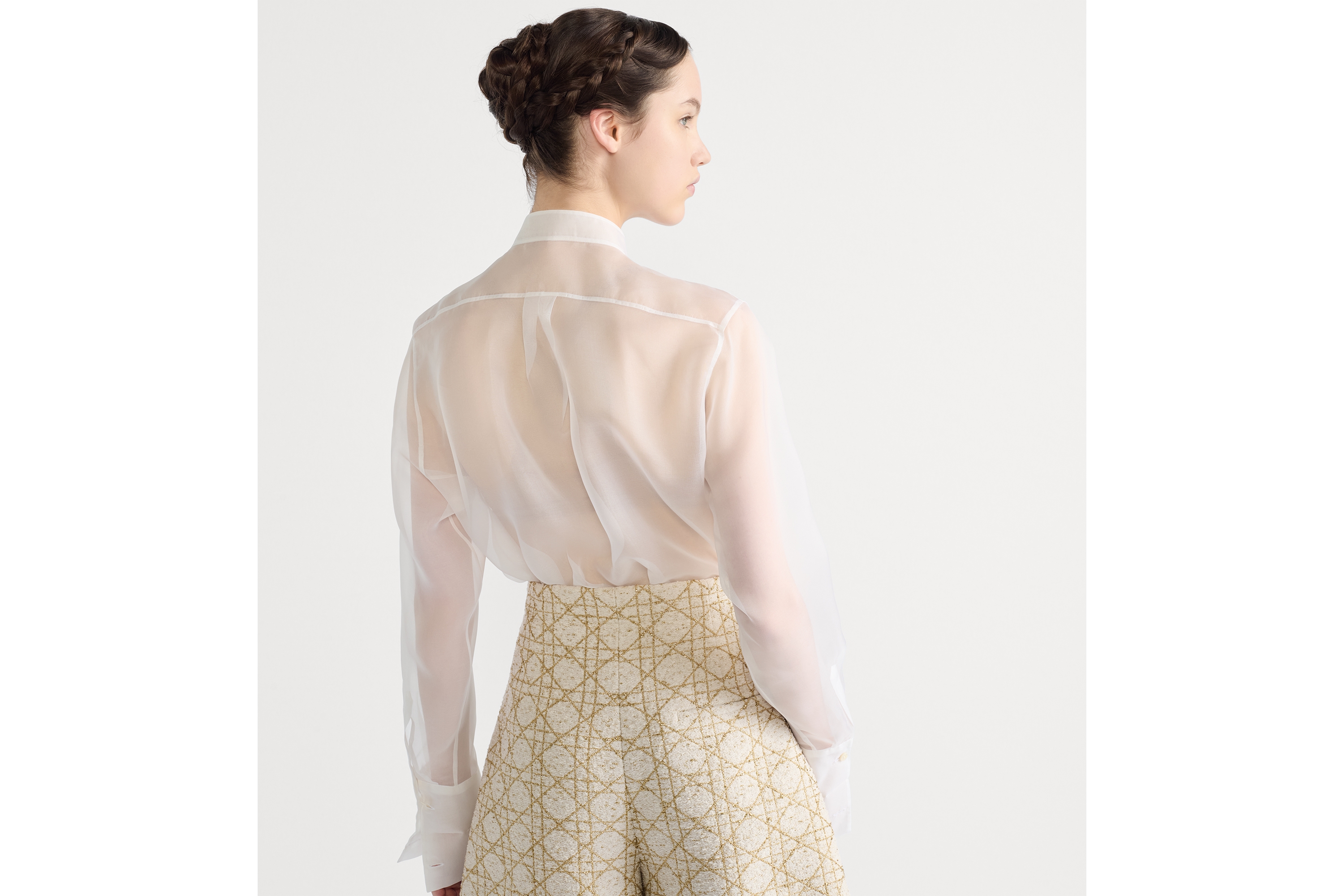 衬衫 米白色桑蚕丝欧根纱效果面料搭配荷叶边衣领 E06