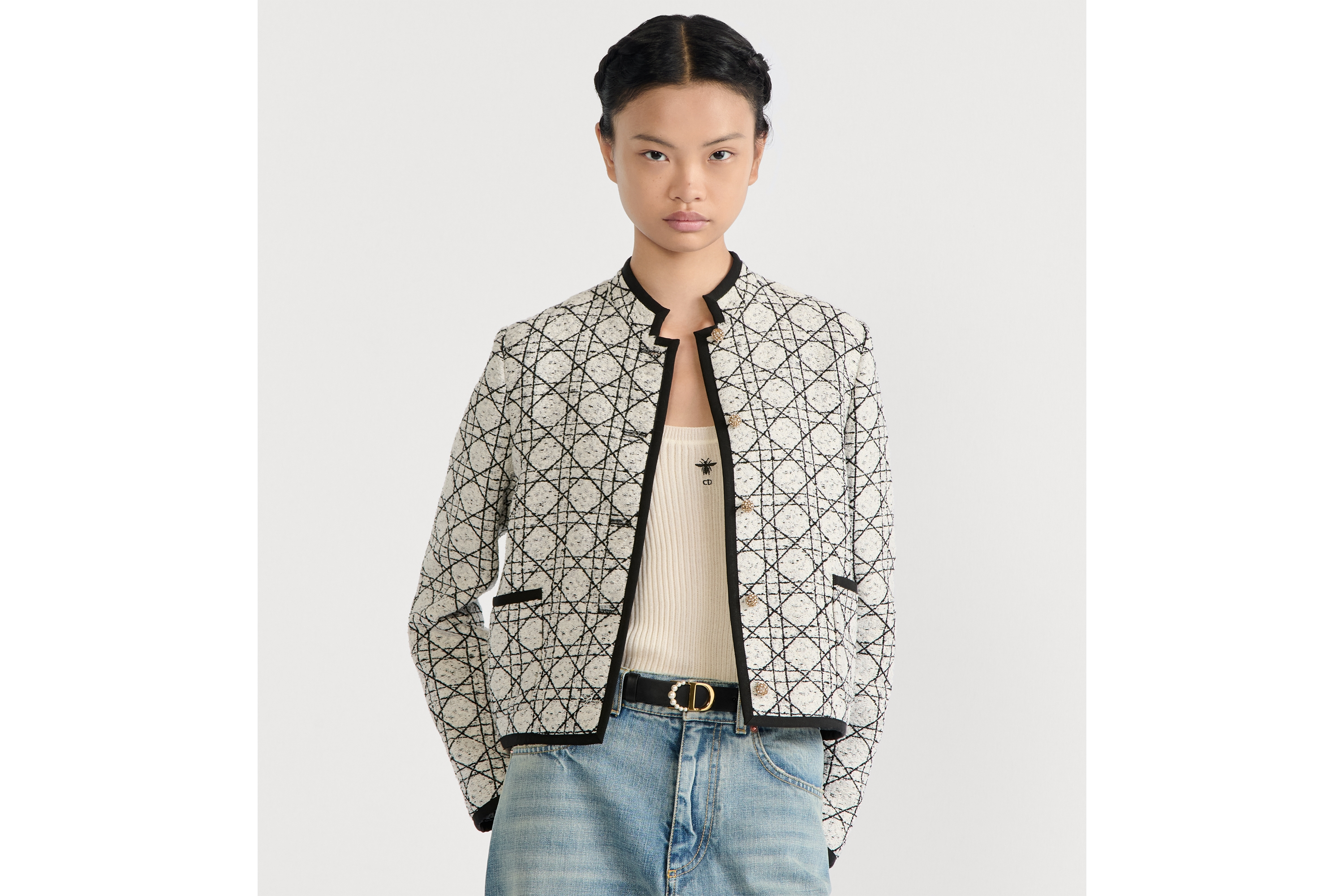 30 Montaigne 腰带 25 毫米黑色光滑牛皮革和白色树脂珠饰 E04