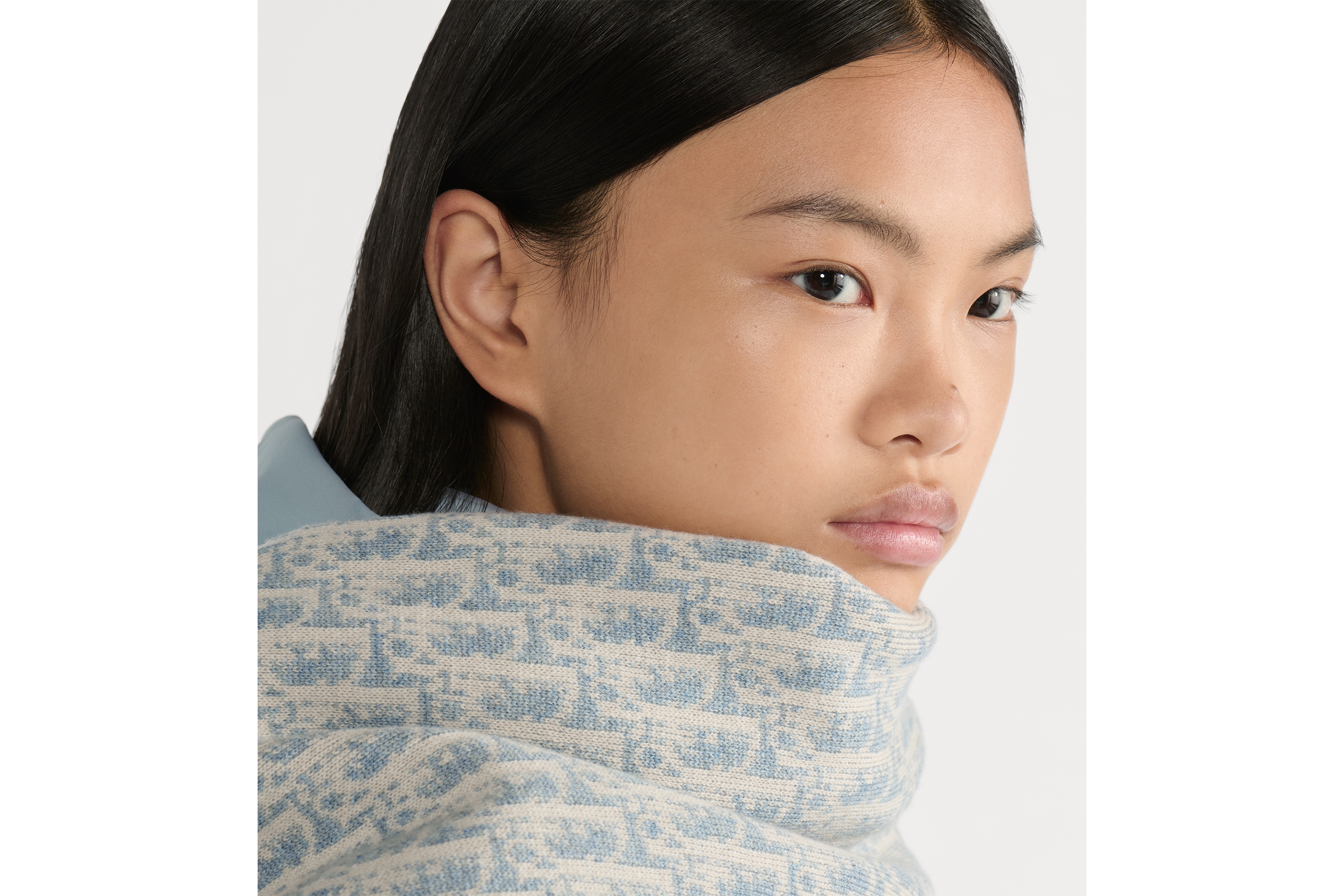 DiorAlps 围巾 米白色和水洗蓝山羊绒混纺嵌花编织提花面料 Oblique 印花 E08