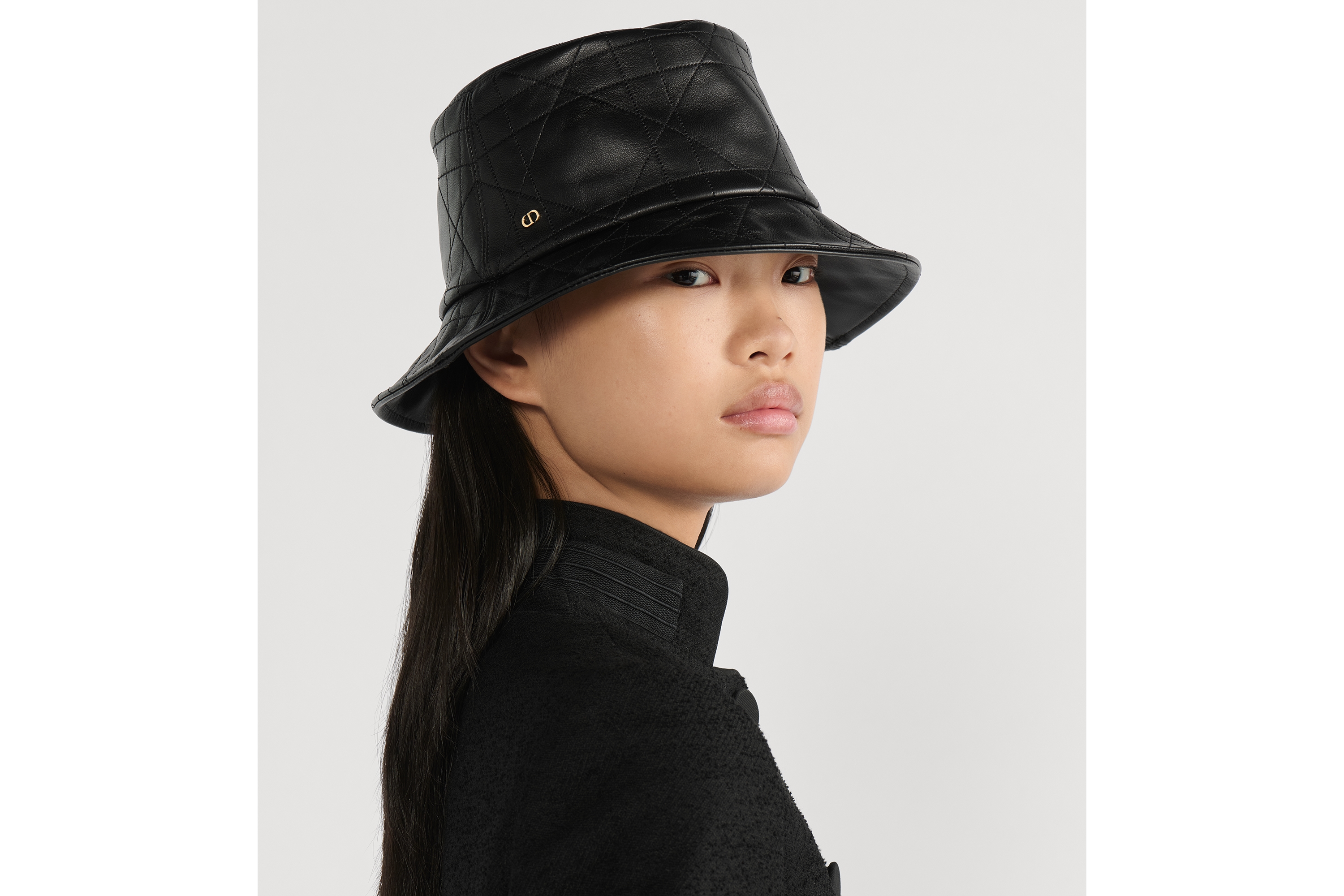 Teddy-D 窄檐桶帽 黑色羊皮革扁平藤格纹 E08