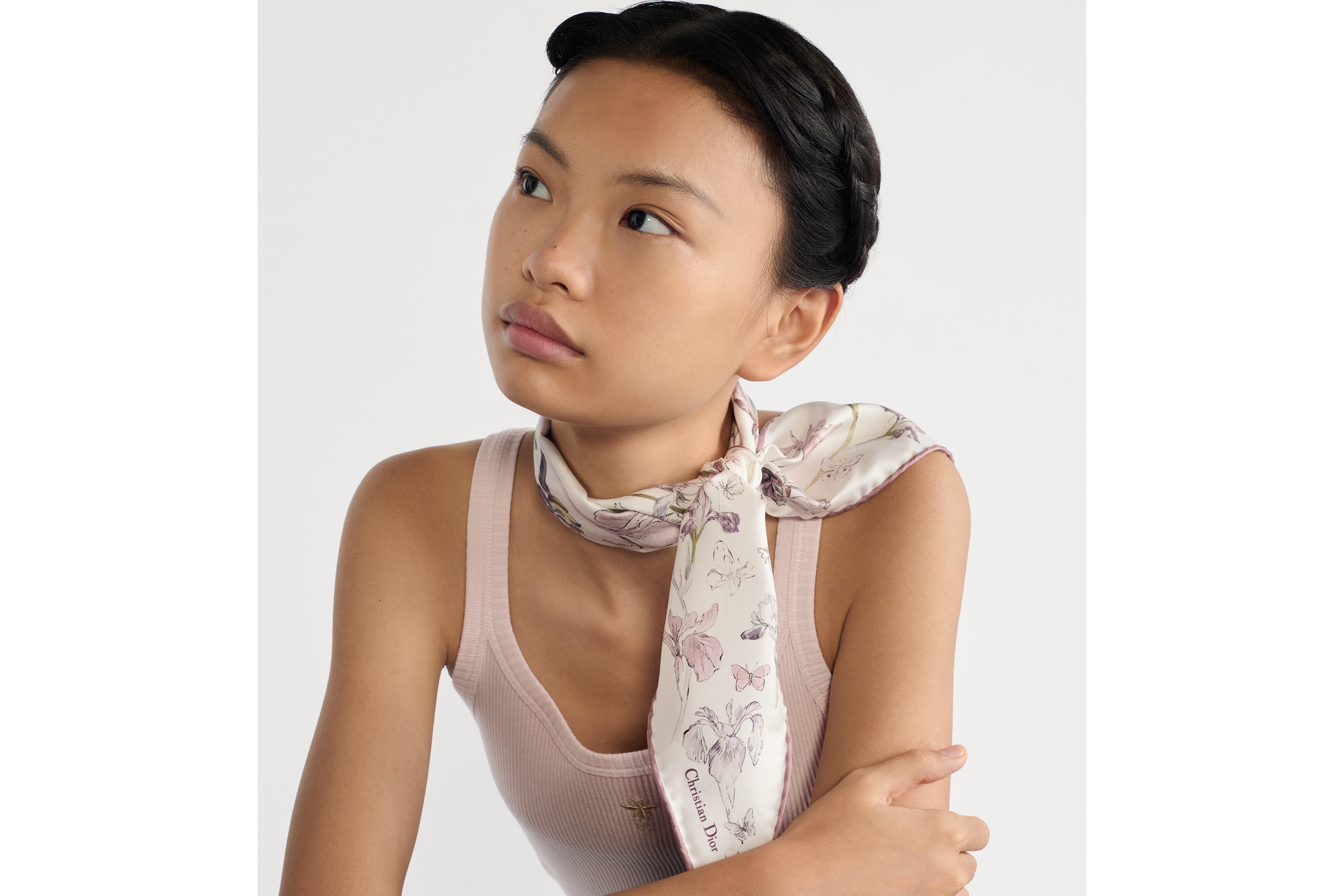 Dior Diamond 丝巾 白色和胭脂粉色桑蚕丝斜纹面料多色 Iris 图案 E07