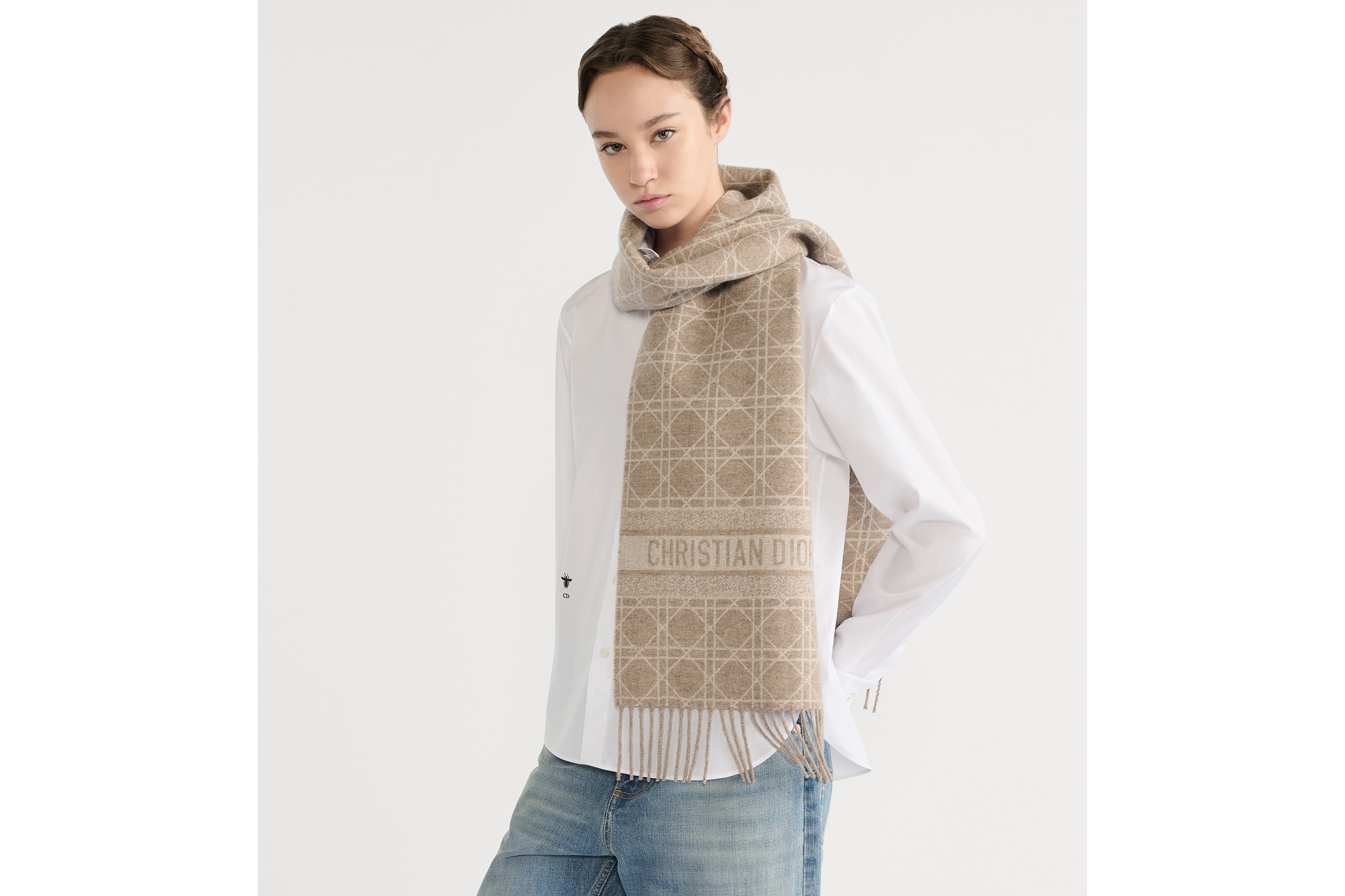 Dior Cannage 围巾 灰褐米色山羊绒面料 E05
