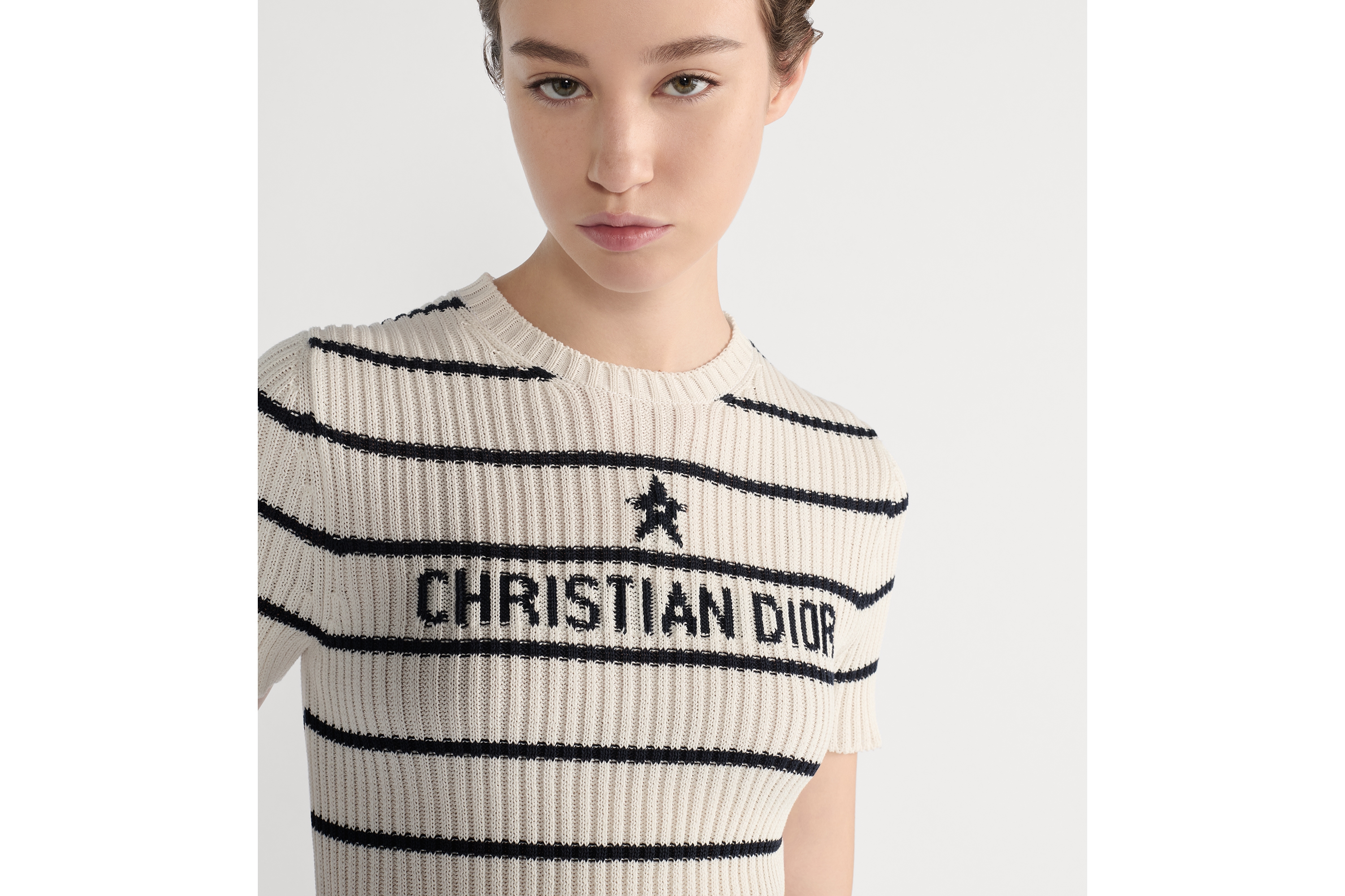 Dior Marinière 短袖针织衫 米白色和海军蓝色棉质罗纹针织面料 E04