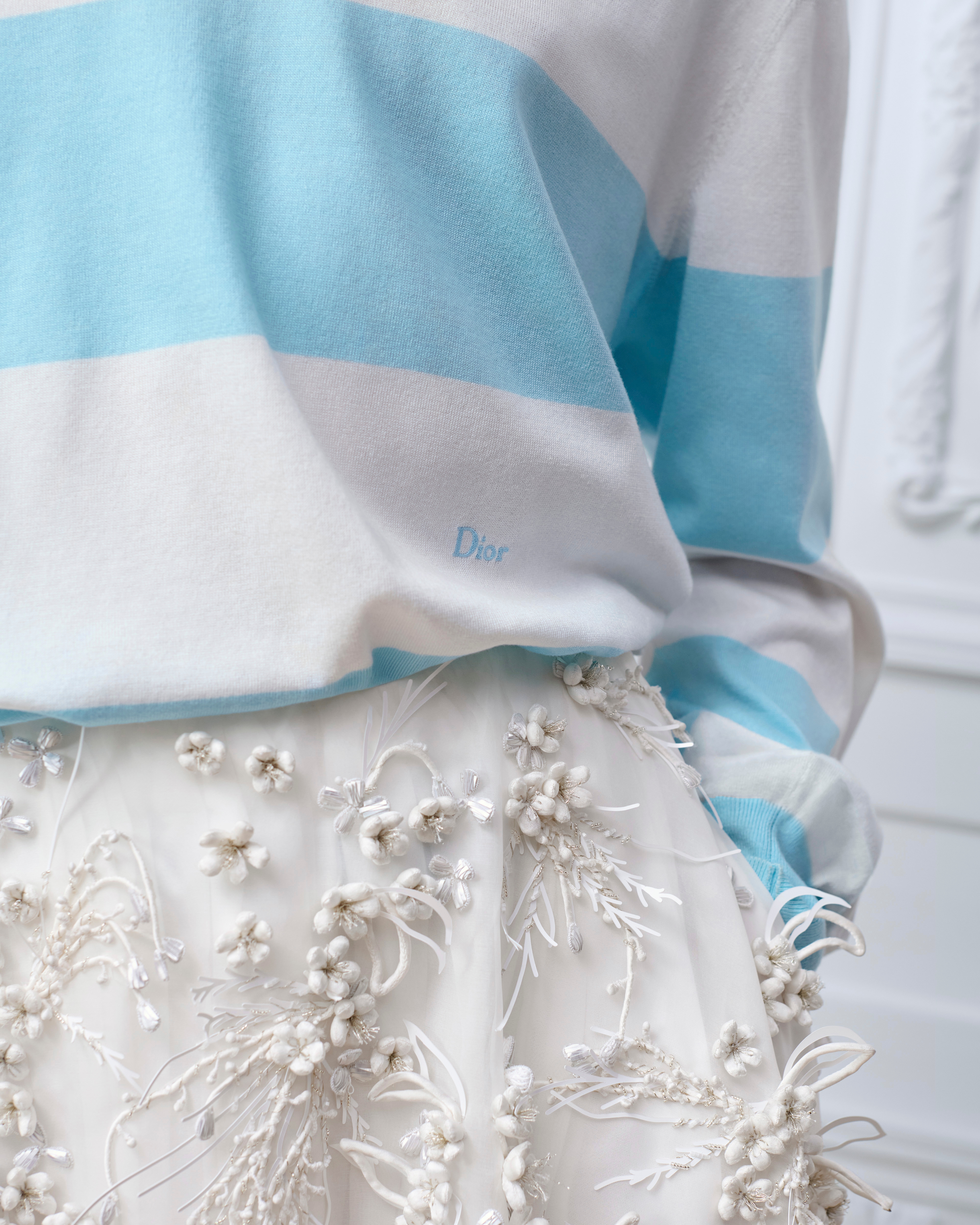 look_image_alt_prefix 长袖 Polo 衫 蓝色和米白色棉质针织面料 Dior Marinière 图案 E13