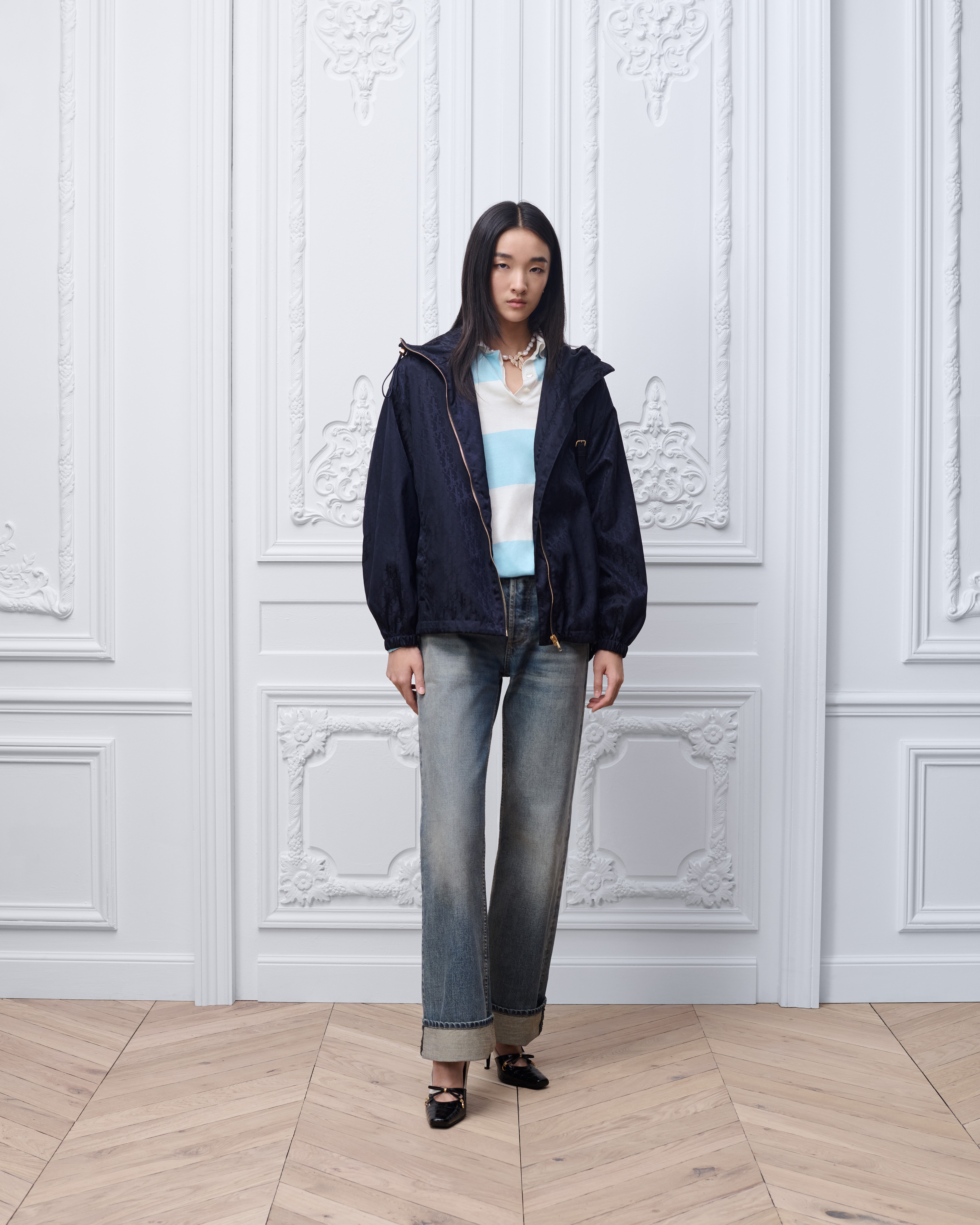 look_image_alt_prefix 拉链夹克 海军蓝色塔夫绸科技面料 Oblique 印花 E01