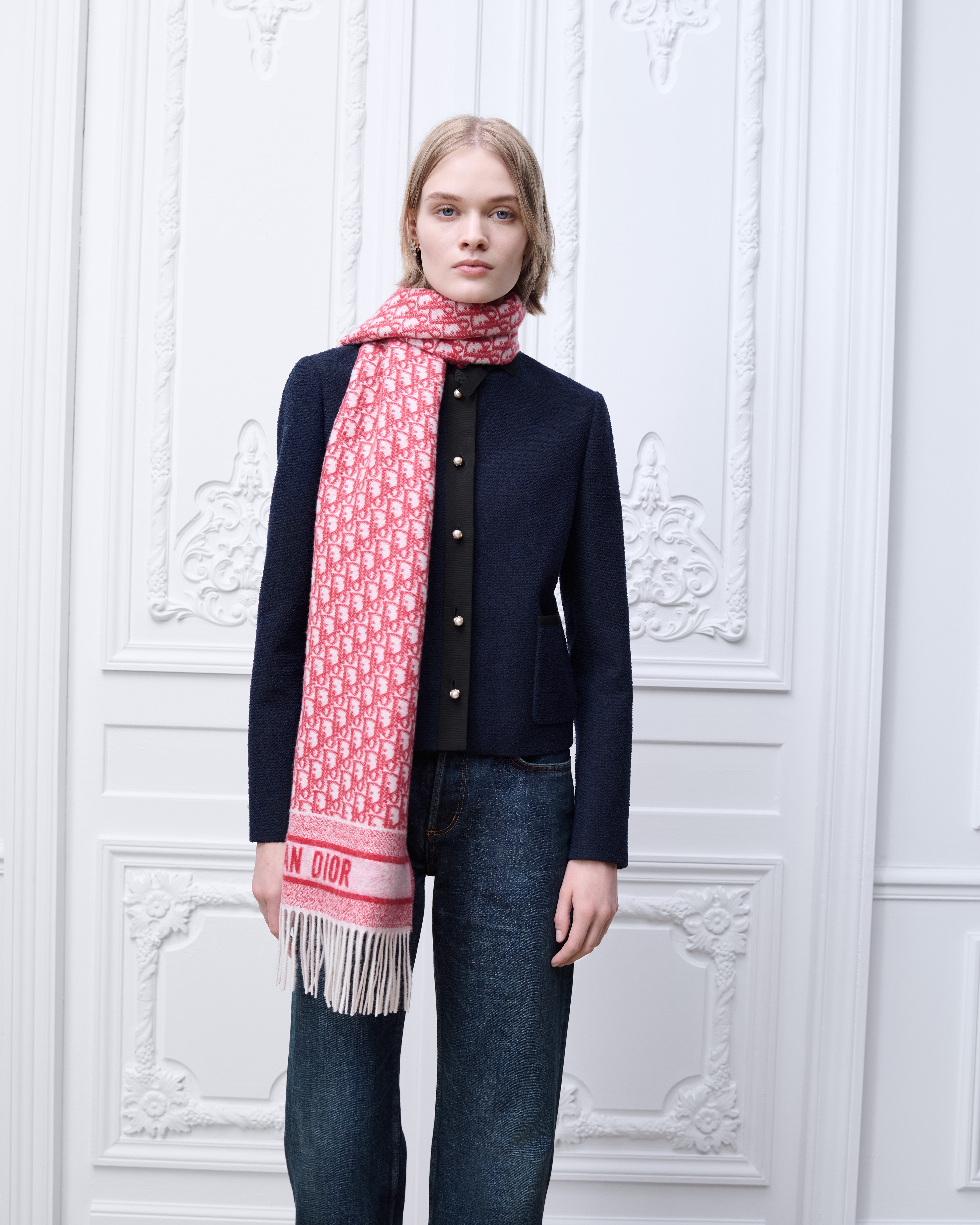 Dior 印花围巾 红色山羊绒混纺面料和红色金属光泽线 Oblique 印花 E04