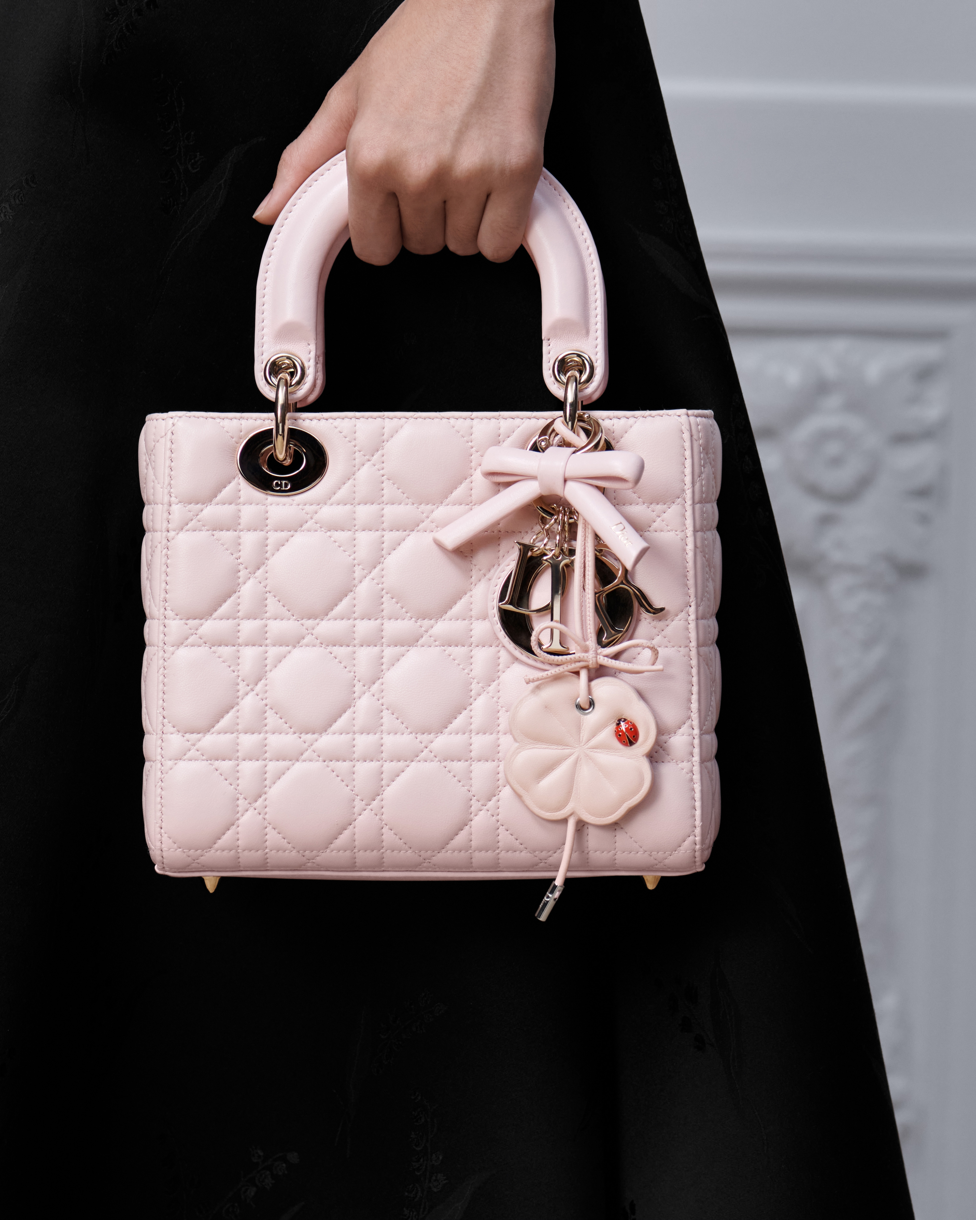 Dior Clover 手袋吊饰 粉色牛皮革、银色饰面金属和红色与黑色涂漆 E10