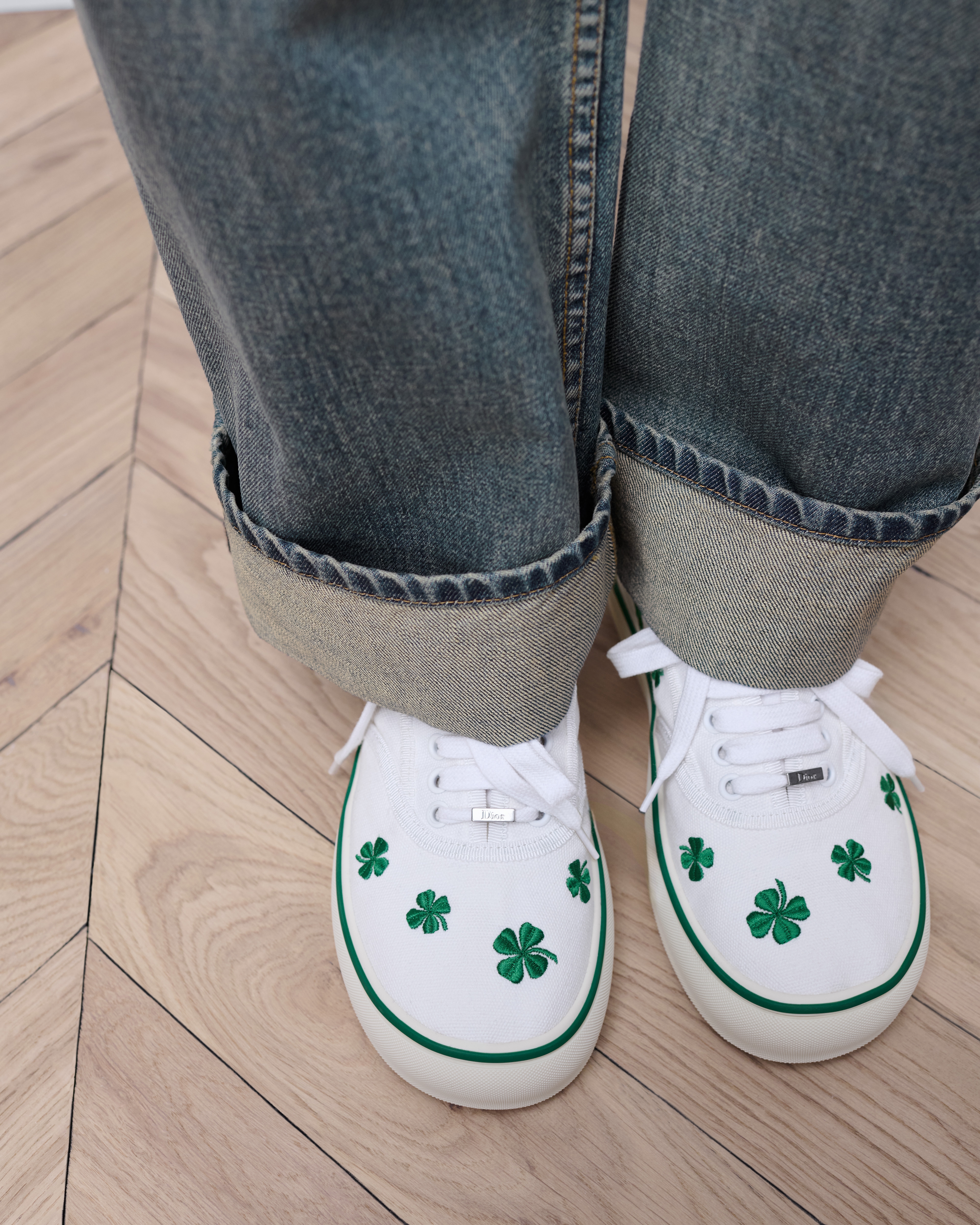 Dior Saltwind 运动鞋 白色棉质面料绿色 Dior Clover 图案刺绣 E14