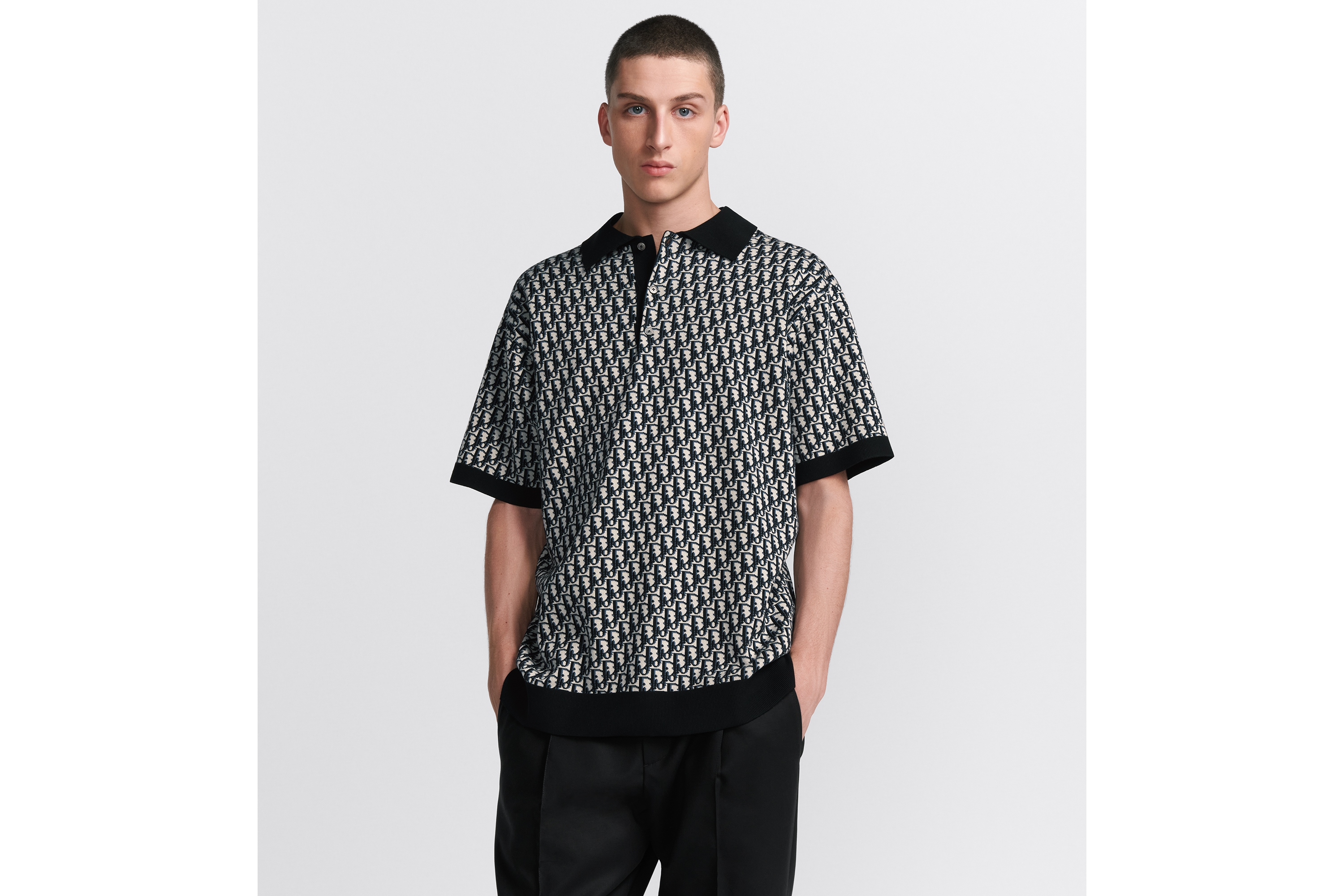 Polo 衫 米色、蓝色和黑色棉质面料 Oblique 印花 E07