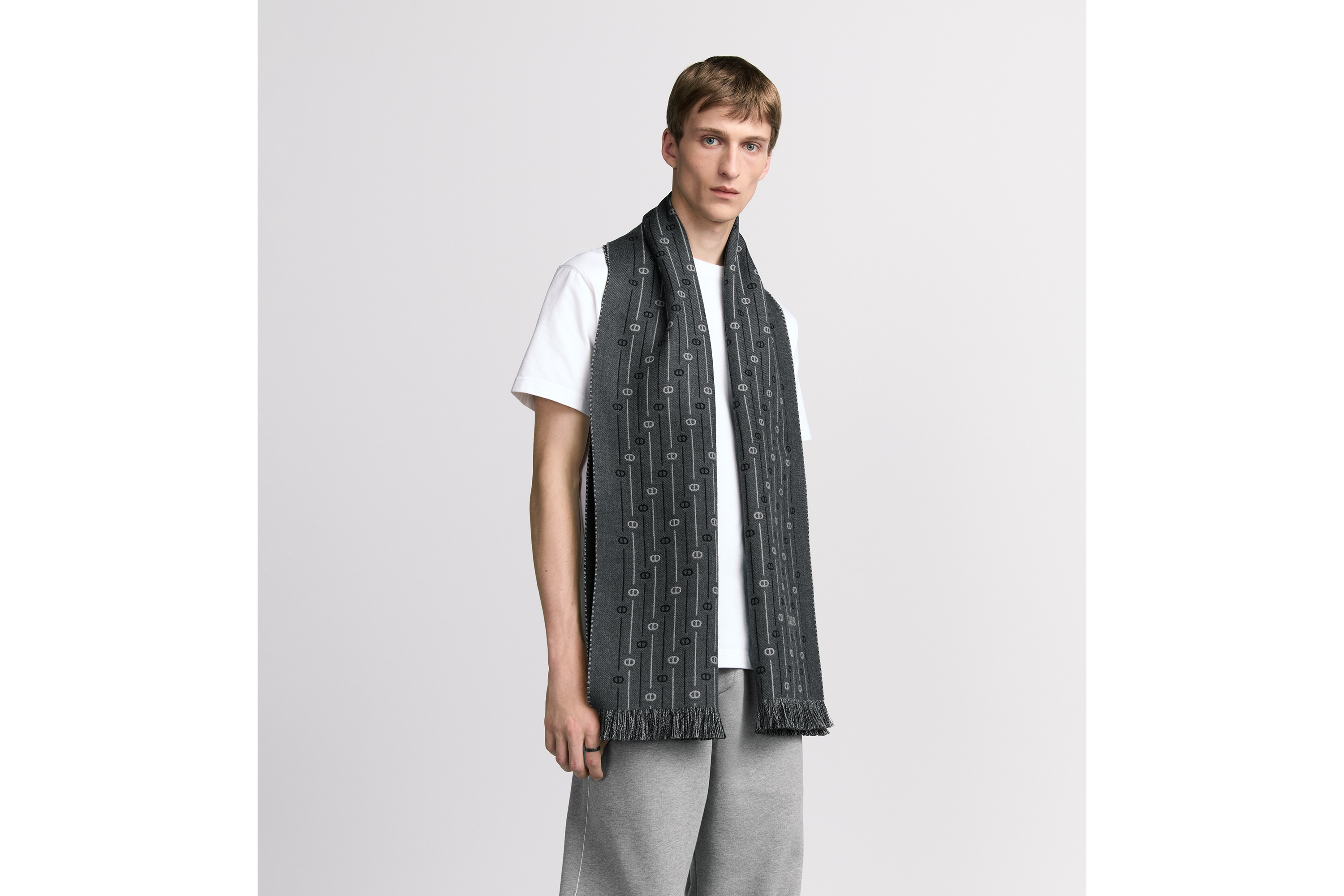 look_image_alt_prefix 围巾 煤灰色绵羊毛面料 CD Icon 条纹图案 E32