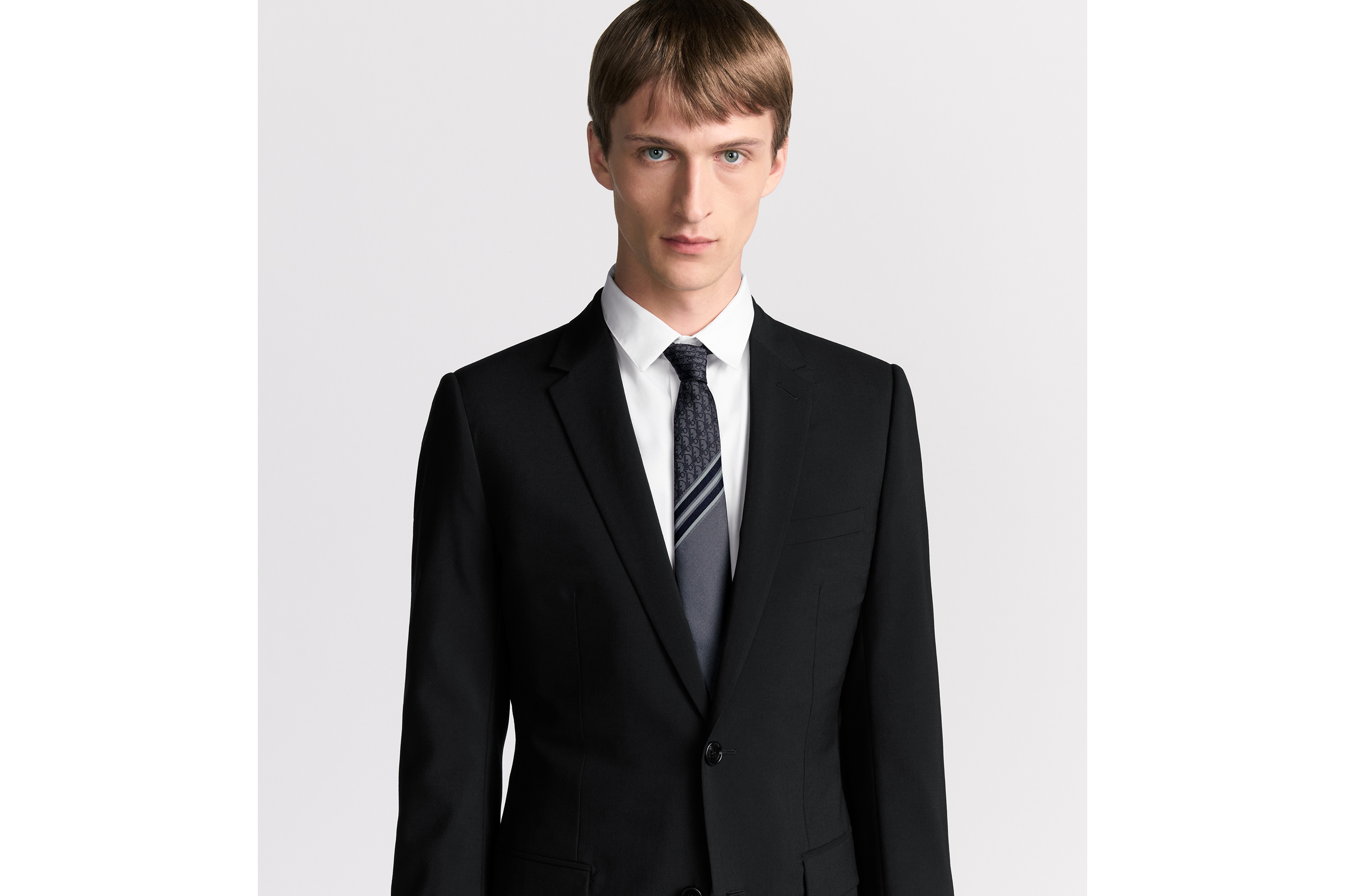 Dior 印花领带 灰色和白色桑蚕丝条纹与 Oblique 印花 E35